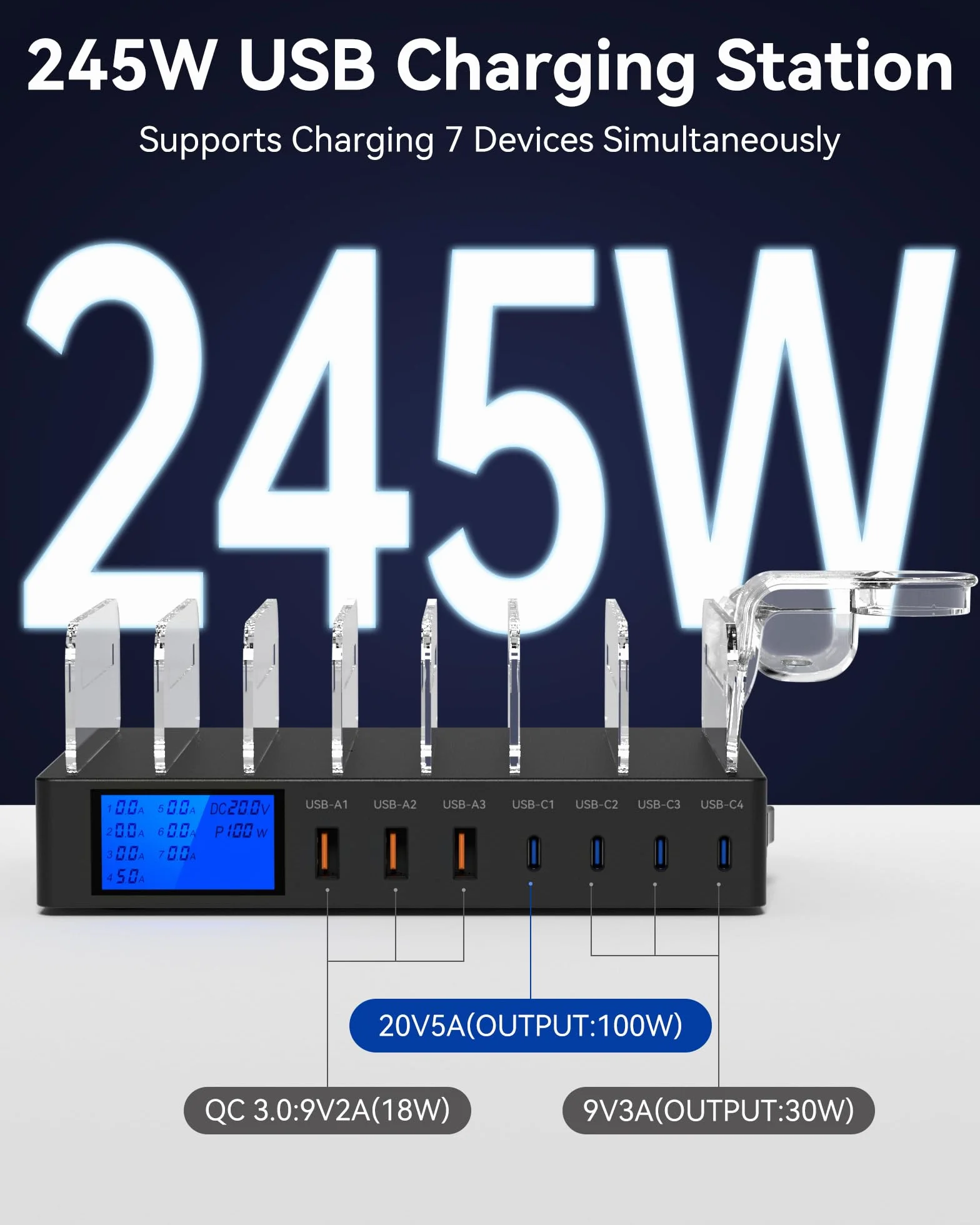 Stacja ładująca 245 W, 7 portów, wiele portów, ekran LCD, szybkie ładowanie USB C PD 100 W do iPhone'a, tabletu i innych urządzeń elektronicznych (bez kabla ładującego)