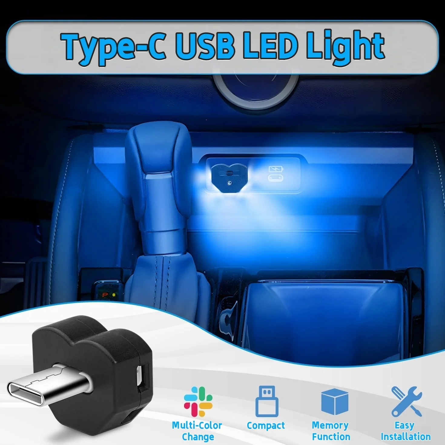 2 sztuki oświetlenia USB typu C, 8 kolorów, RGB, mini USB, światło LED z ustawieniem trybu, oświetlenie wewnętrzne USB do samochodu, laptopa, sypialni i na kemping
