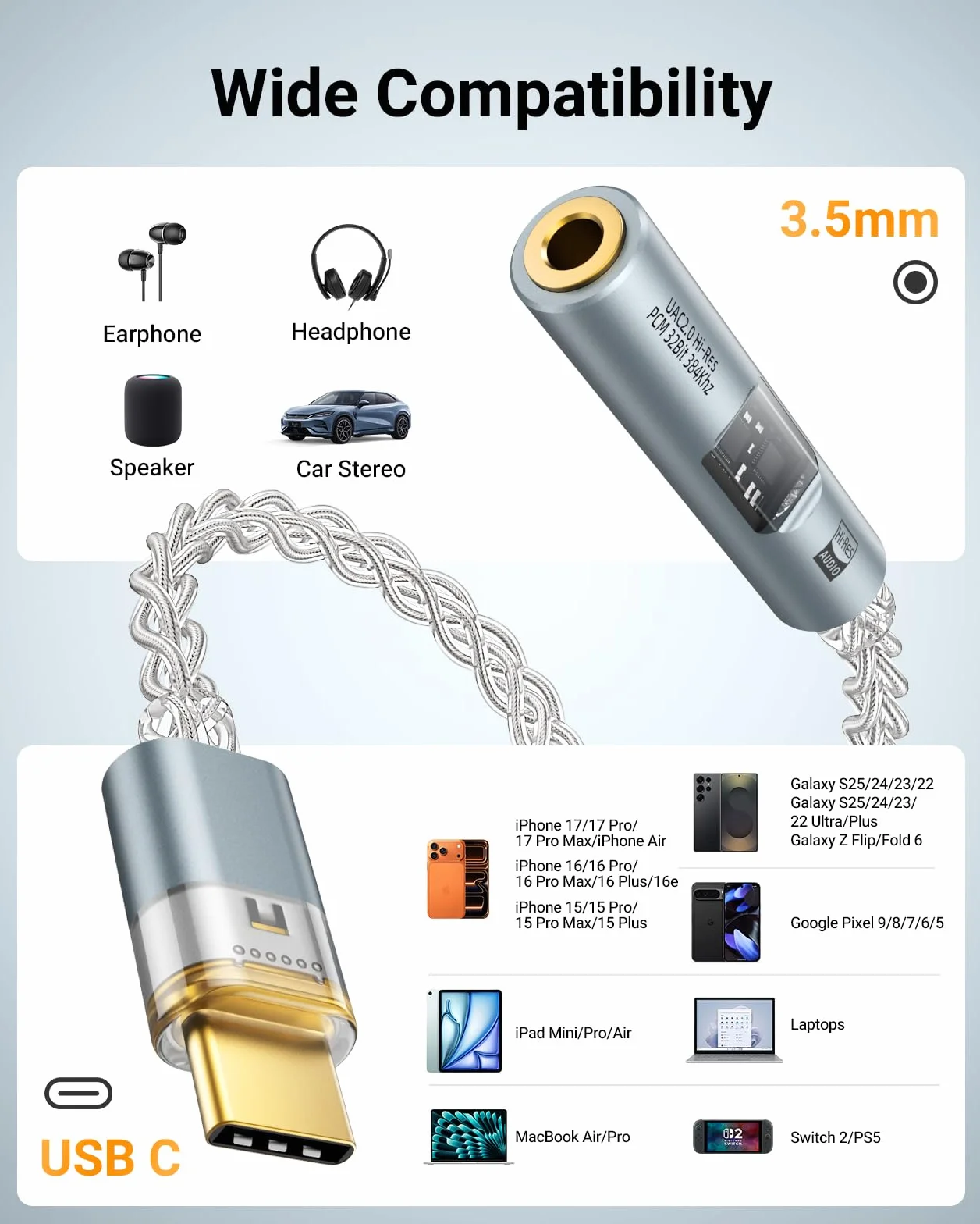 MoKo Adapter audio USB C na 3,5 mm DAC CX31993 MAX97220 HiFi typ C na słuchawki 3,5 mm Aux Jack szary