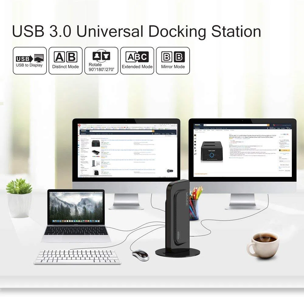 Wavlink uniwersalna stacja dokująca USB 3.0 z podwójnym wyjściem wideo (DVI, VGA lub HDMI) do laptopa/PC lub komputera Mac, Gigabit Ethernet, wejście i wyjście, 2 porty USB 3.0, 4 porty USB 2.0