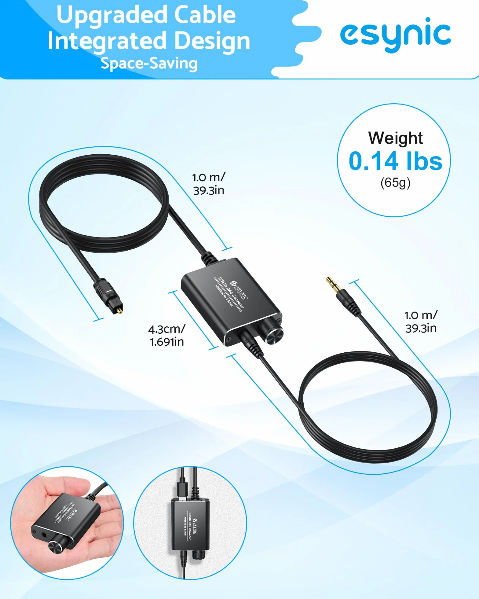 eSynic Konwerter DAC 192 kHz SPDIF na 3,5 mm AUX cyfrowy na analogowy konwerter audio optyczny Toslink do 3,5 mm adapter audio