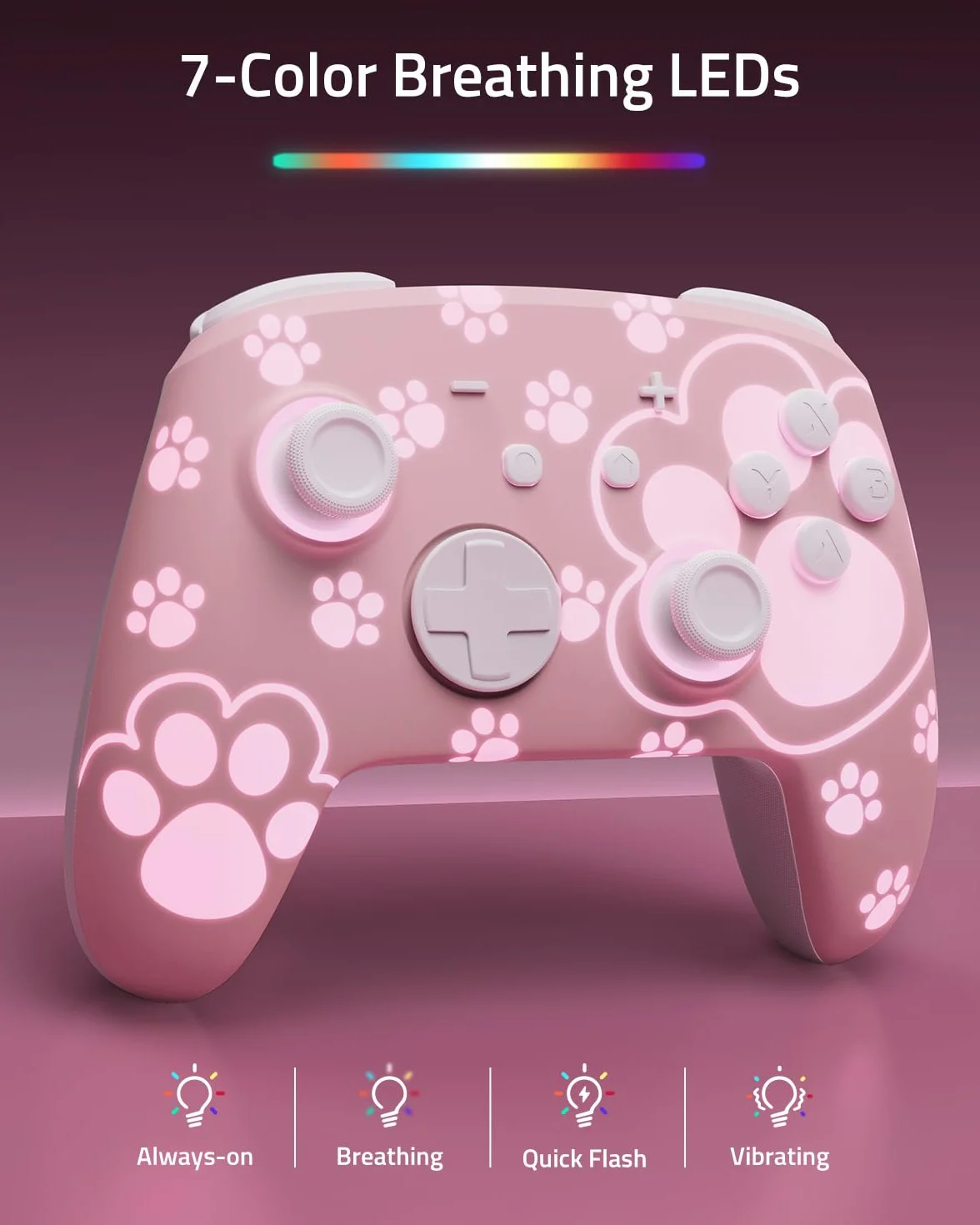 PALPOW Hall Effect Switch Pro Controller bezprzewodowy kompatybilny z Switch 2/OLED/Lite, FUNLAB Firefly Bluetooth Switch, kontroler gamepad z 7 kolorami LED/paddle/Turbo – kocia łapa, różowy