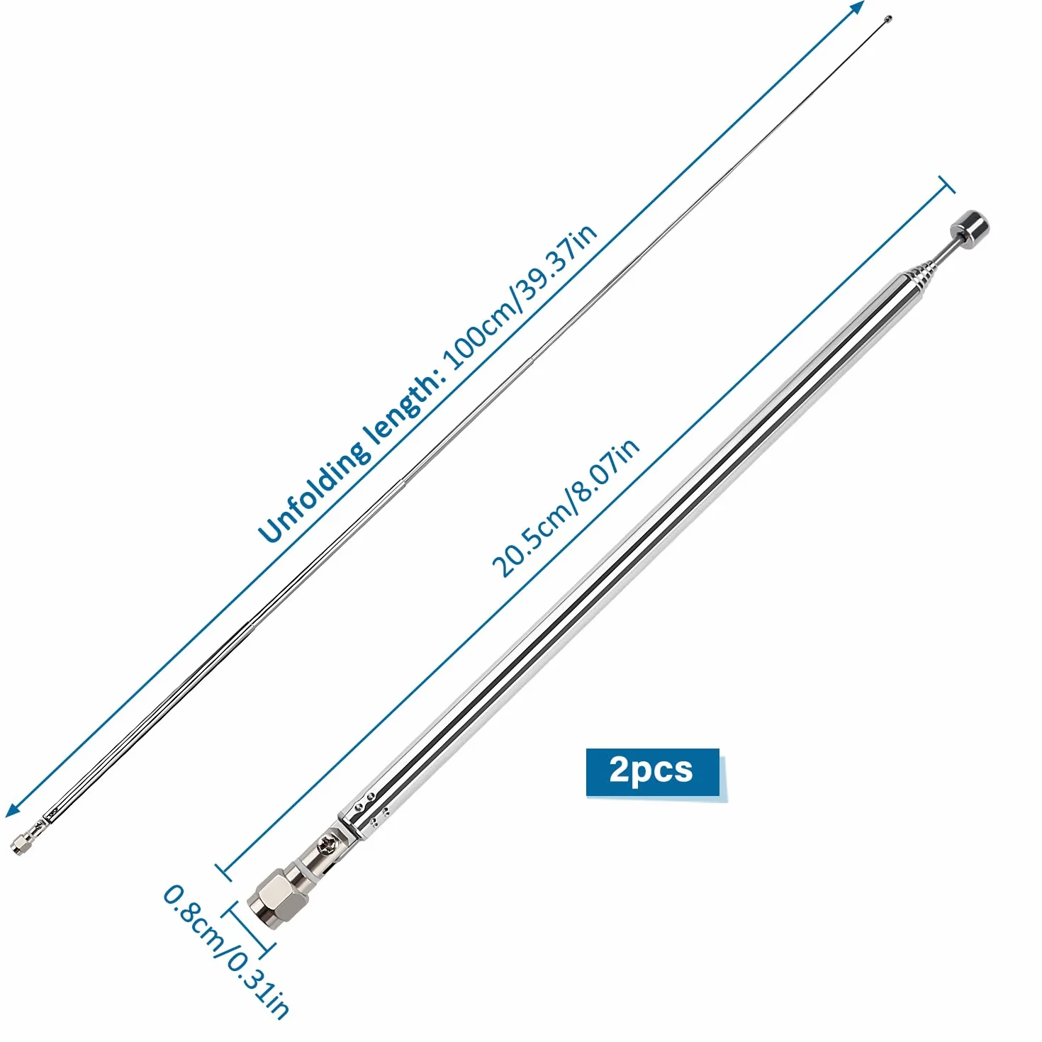 VooGenzek 2 Sztuk 100cm 7-Sekcyjna Antena Teleskopowa, Wymiana Anteny Teleskopowej, Zamiennik Anteny Teleskopowej, ze Złączem Męskim SMA, do Odbioru Radia TV DAB FM/AM Stereo