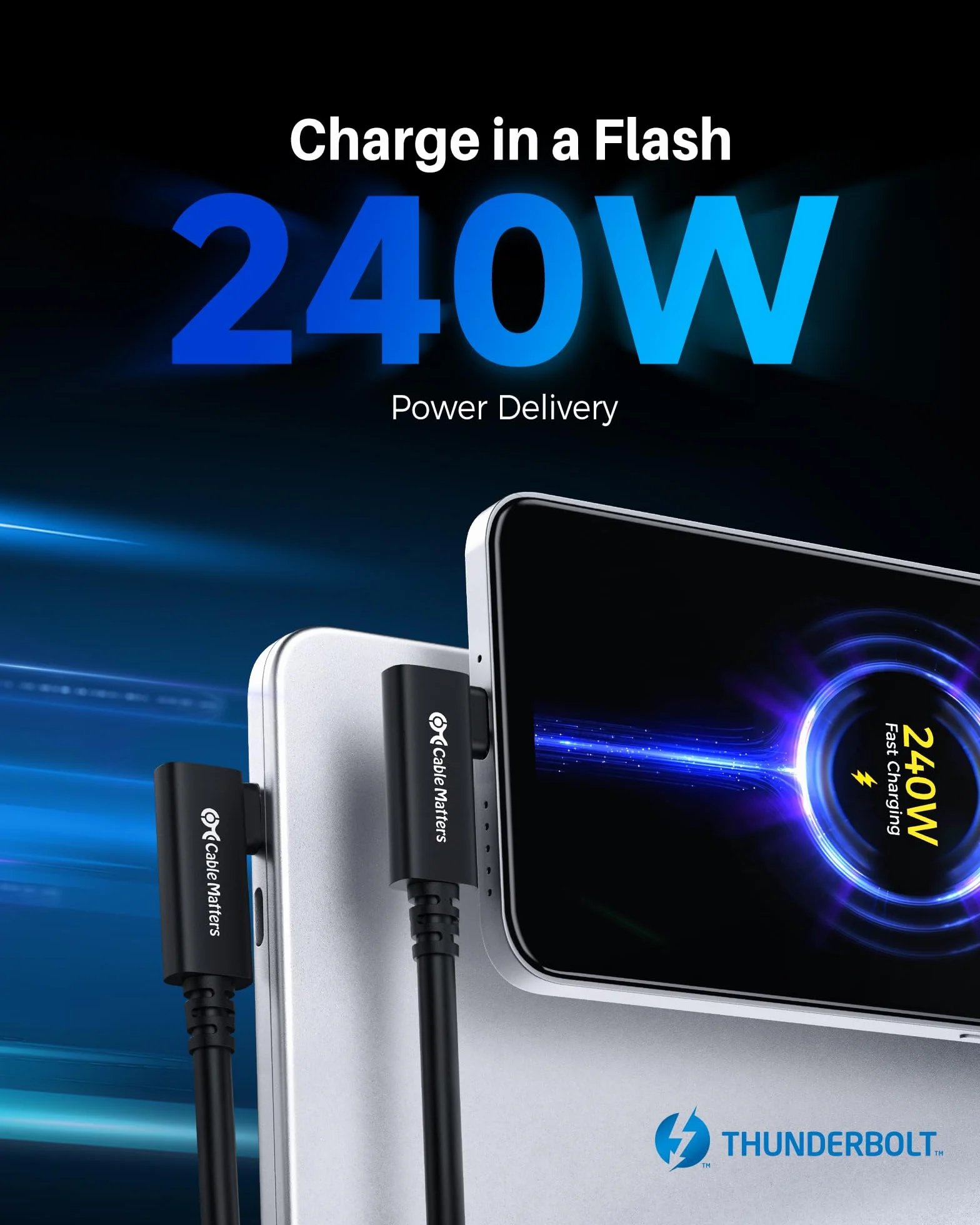 Cable Matters Kabel Thunderbolt 4 40 Gb/s, 0,8 m, wideo 8K i ładowaniem 240 W, 0,8 m, kabel Thunderbolt 4 90 stopni, kompatybilny z USB 4, Thunderbolt3/5 i USB-C