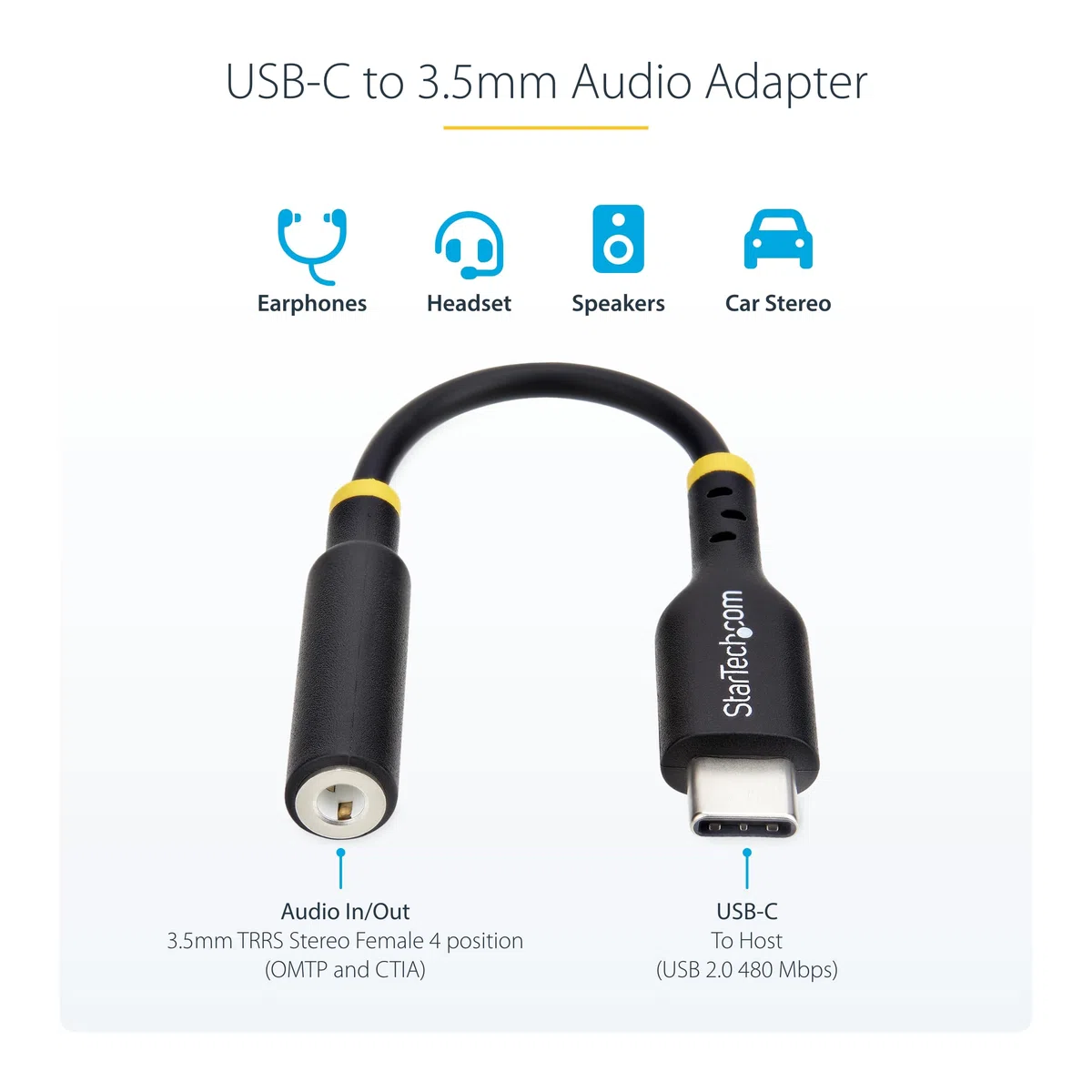 StarTech.com Adapter audio USB-C na 3,5 mm TRRS gniazdo słuchawkowe/słuchawkowe, USB typu C Aux Dongle, Hi-Fi 32-bitowy DAC, do PC/telefonu