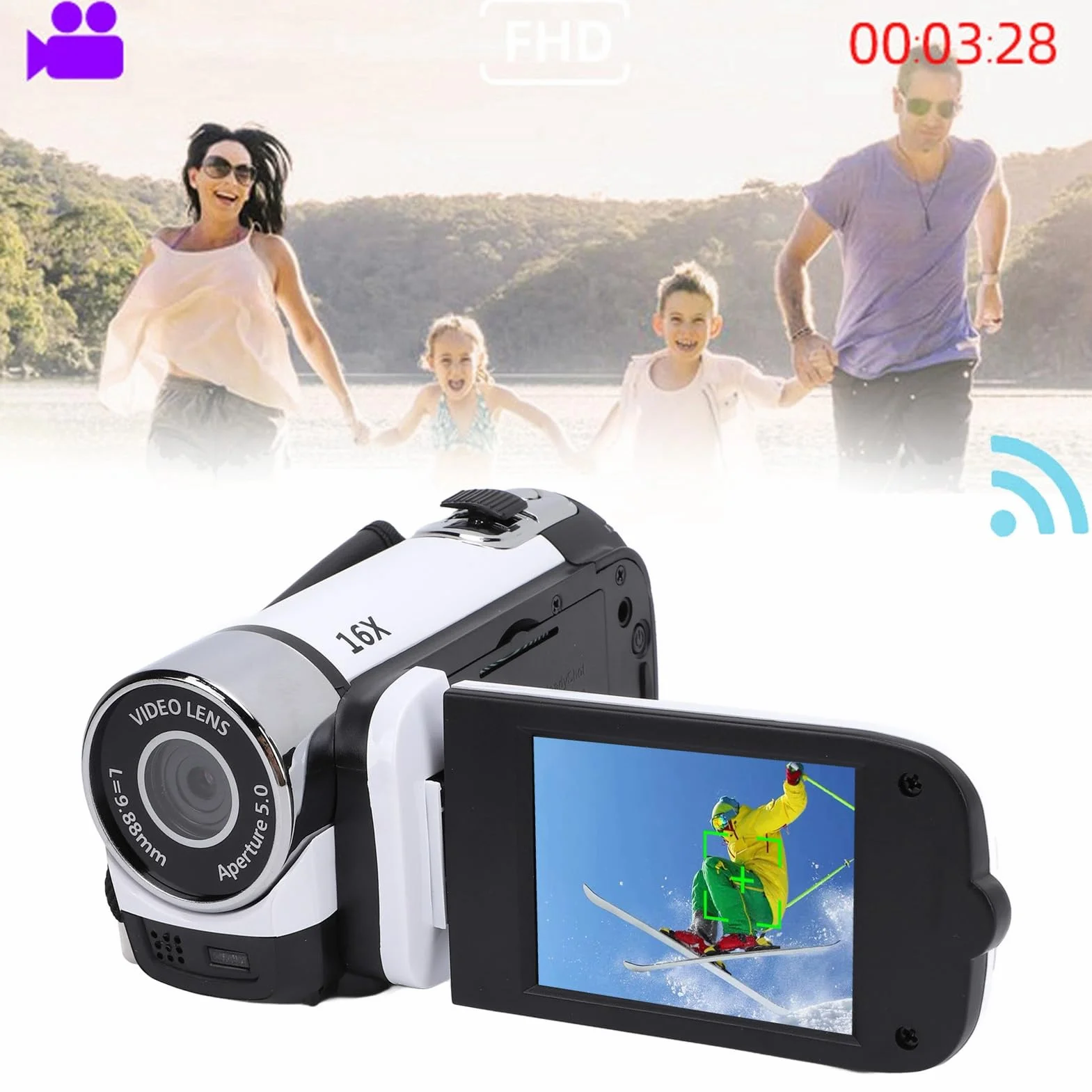 Kamera Wideo 16x Zoom Cyfrowy 1080P 16MP Ekran 2,4 Cala Światło Wypełniające Selfie Mikrofon Biały