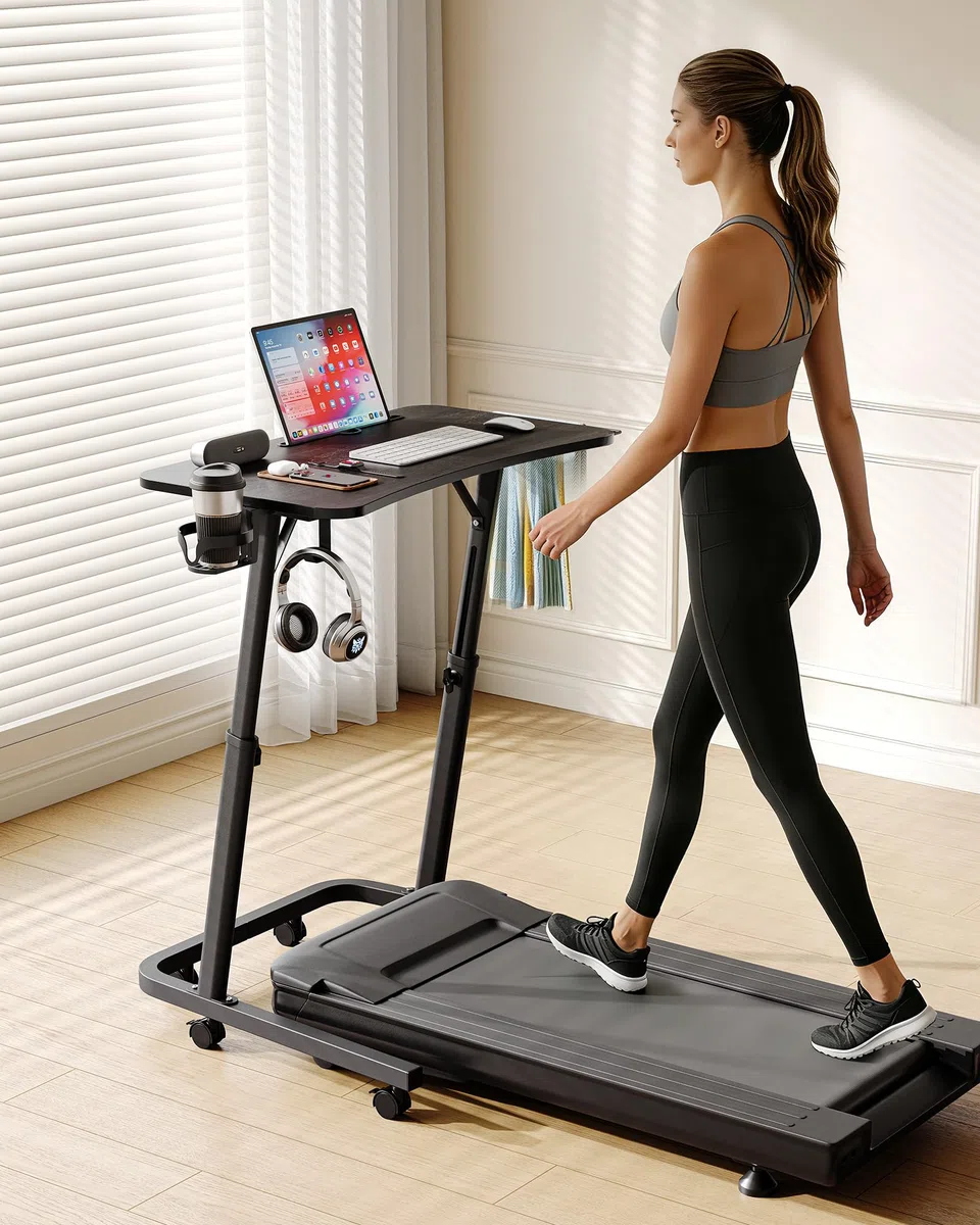 Stół do treningu rowerowego z regulacją wysokości i kółkami, stolik nocny i stolik pod laptopa, stolik pomocniczy z regulacją wysokości, do jazdy wewnątrz i bieżni z uchwytem na napoje i hakami