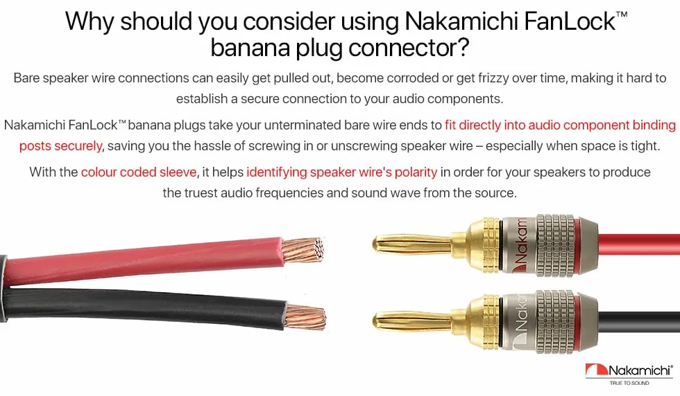 Nakamichi FanLock Wtyk bananowy platerowany 24-karatowym złotem 10 AWG - 18 AWG Rozmiar miernika 4 mm dla głośników Wzmacniacz Hi-Fi Stereo Kino domowe Kabel audio Szybkozłącze, 8 Sztuki (4-Pary)