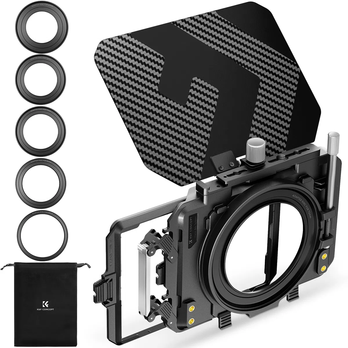 K&F Concept Matte Box Lite z górną flagą z włókna węglowego do lustrzanek cyfrowych i aparatów bezlusterkowych, kompatybilny z obiektywami 67 mm/72 mm/77 mm/82 mm/95 mm | z 1 uchwytem filtra 4" x 5,65" z 5 adapterami pierścieniowymi (67/72/77/82/95 mm) -