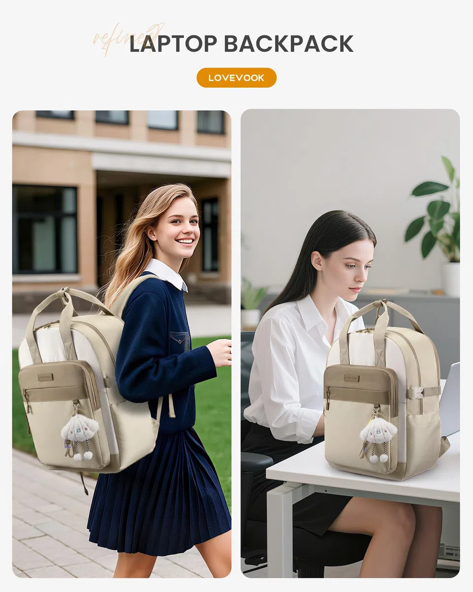 LOVEVOOK Plecak na laptopa damski, plecak roboczy, plecak szkolny, nastolatek, Beżowy + khaki z pluszową zawieszką, 17,3 Zoll, Casual