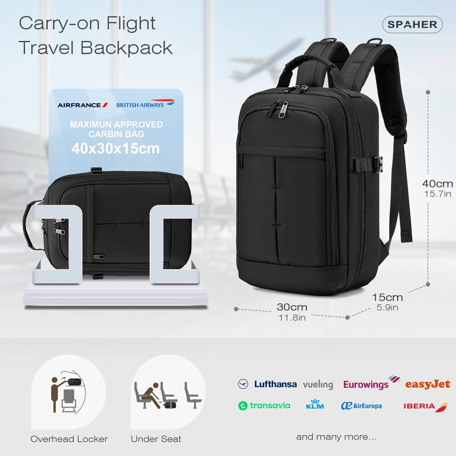 SPAHER Torba kabinowa dla linii Ryanair, 40 x 20 x 25 cm, bagaż podręczny, plecak na laptopa 15,6 cala, zatwierdzony, podróżny, torba na laptopa, torba na ramię, torba lotnicza, USB, 20 l, Czarny