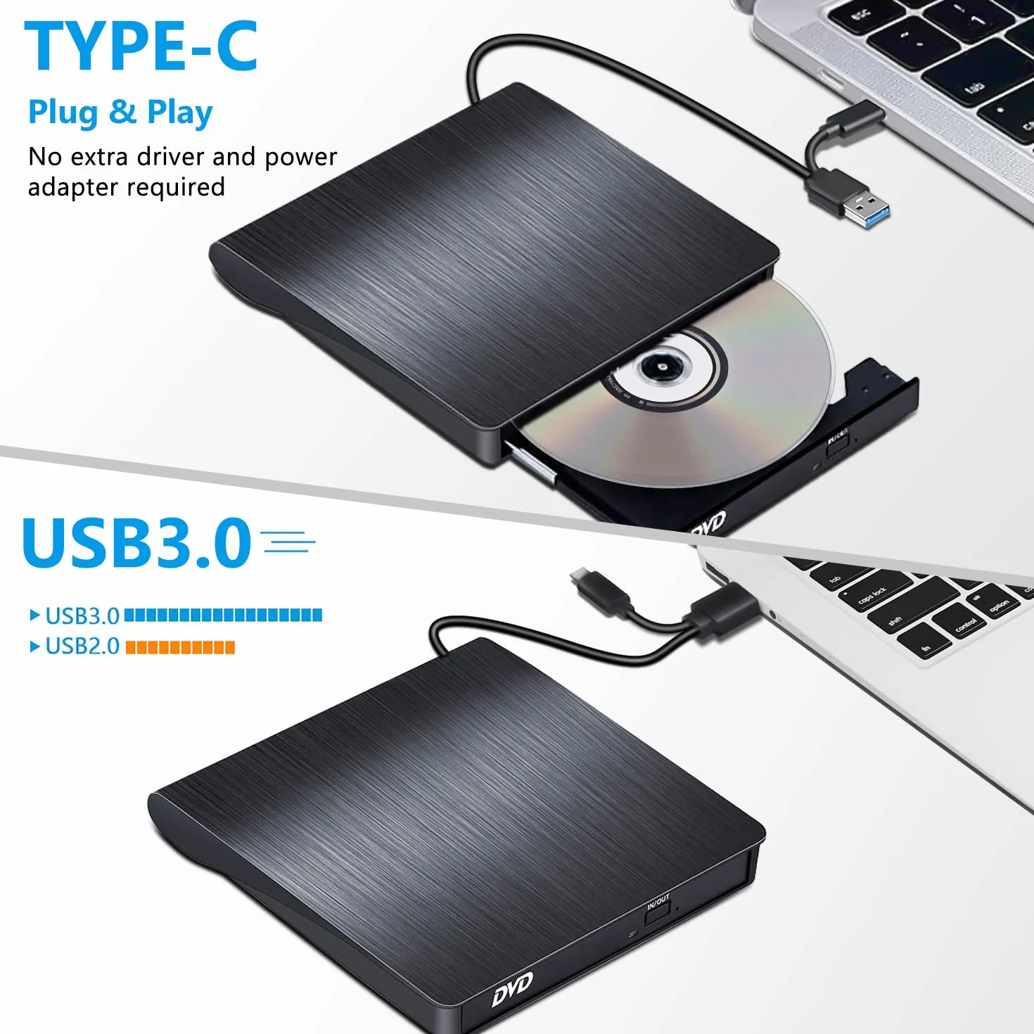 BEVA Zewnętrzny odtwarzacz CD/DVD USB 3.0 i typu C przenośny napęd CD-R/-RW, przenośny odtwarzacz do komputerów PC, laptopów, komputerów stacjonarnych, Windows 7/8/10/11/XP/Vista/Linux i Mac OS