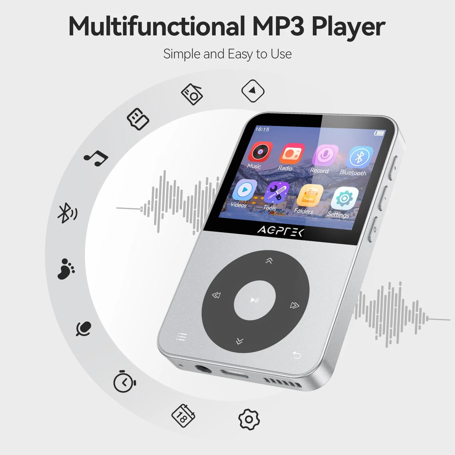 AGPTEK Odtwarzacz MP3 64 GB Bluetooth 5.3 Kolorowy Ekran TFT 2,3" Radio FM Nagrywanie Srebro