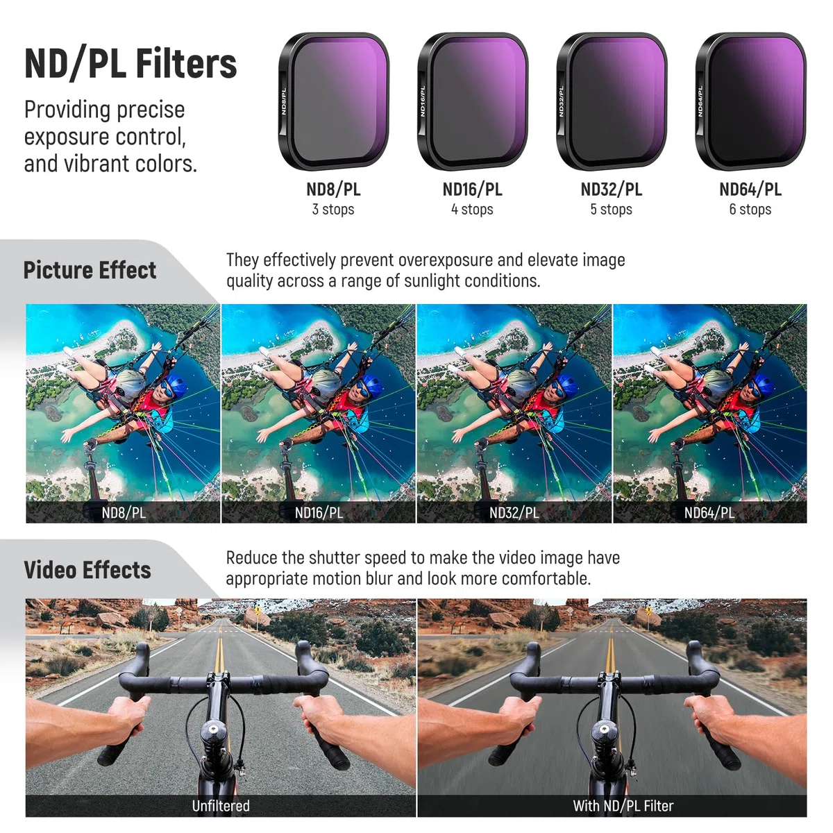 NEEWER Zestaw filtrów ND/PL kompatybilny z Insta360 ACE PRO, 4-pak ND8/PL ND16/PL ND32/PL ND64/PL akcesoria do kamer akcji CPL polaryzacyjny i filtr ND 2 w 1, zestaw filtrów polaryzacyjnych i