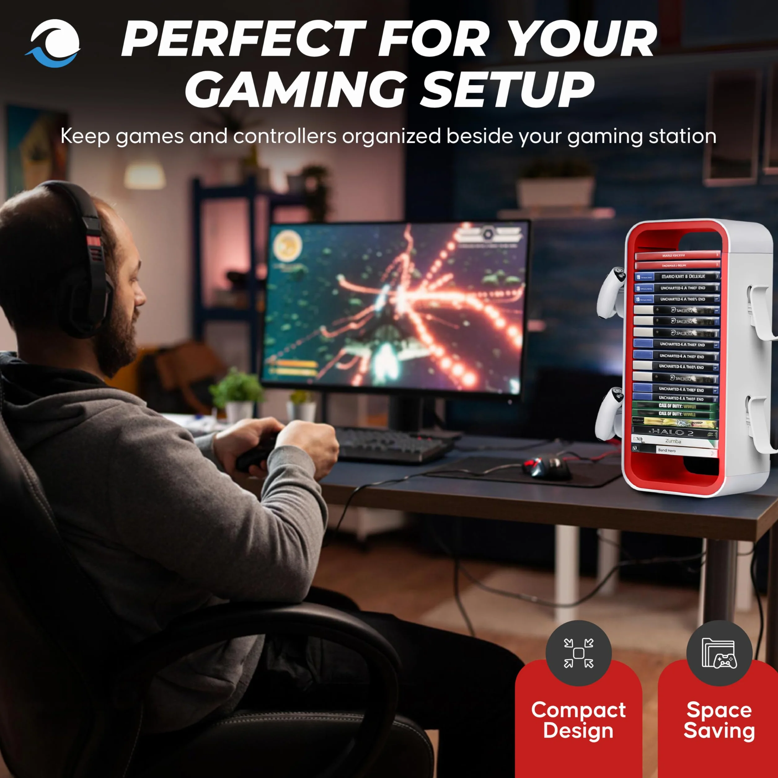Universal Games Storage Tower Pro do 18 gier uchwyt kontrolera 4 gamepady akcesoria gamingowe PS5 PS4 Xbox Switch biały czerwony