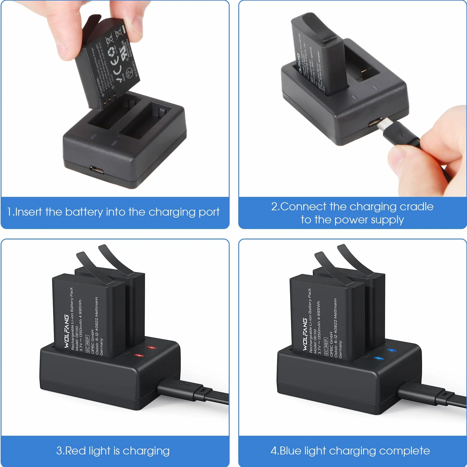 WOLFANG Podwójna Ładowarka z 2 Bateriami 1350mAh, Stacja Ładowania USB-C do Kamer Sportowych GA100, GA120, GA200, GA300, SF230, EK7000