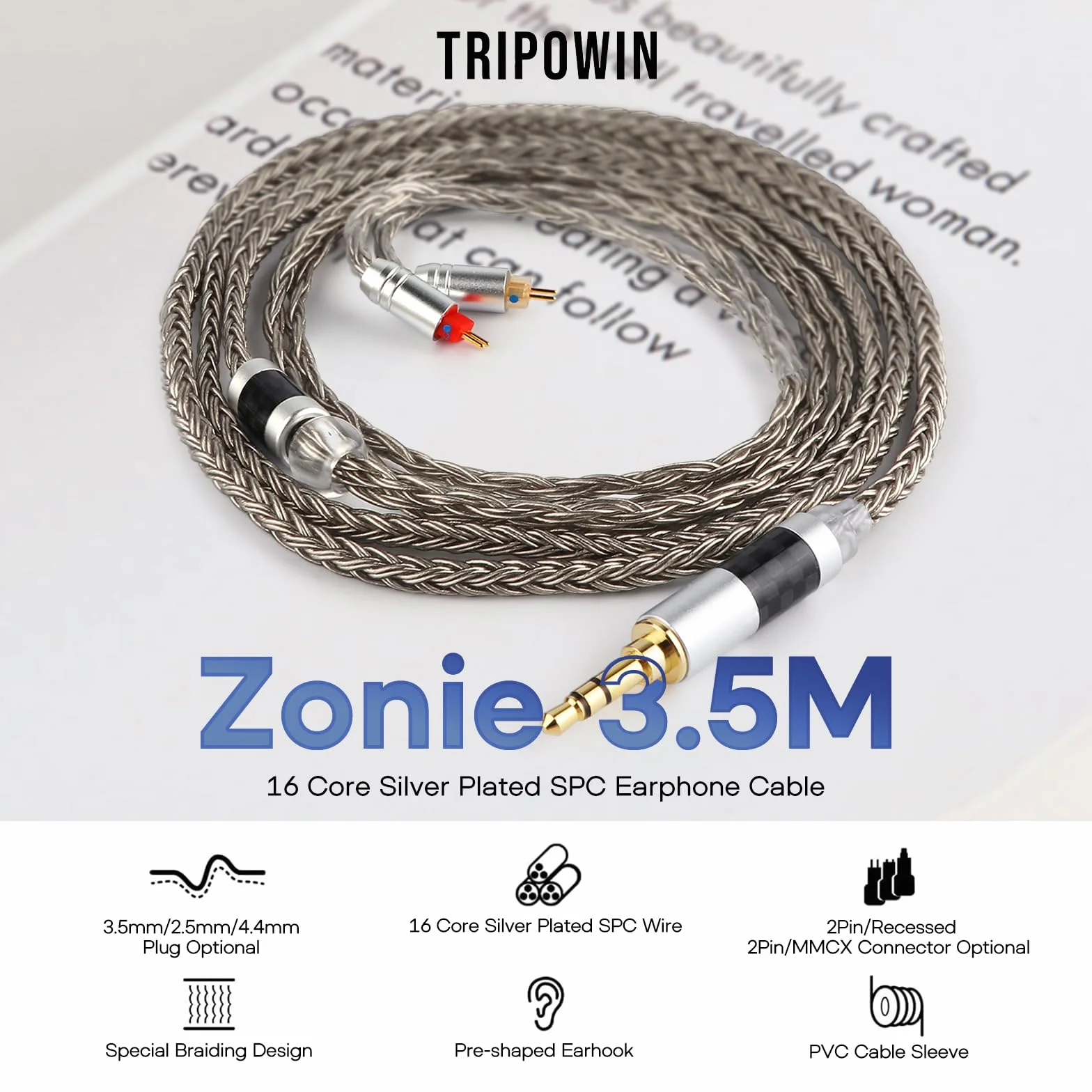 Linsoul Tripowin Zonie 16-rdzeniowy posrebrzany kabel do słuchawek (2-pinowy 0,78, 3,5 mm, szary)