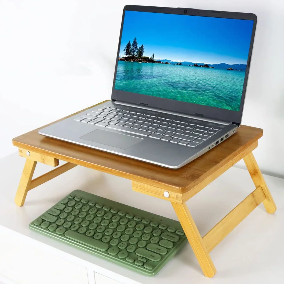 WKWKER 100% Bambusowy Stolik Na Laptopa Do łóżka Do łóżka śniadaniowego Ze Składanymi Nogami Przenośny Stolik Na Komputer Do Pisania Przekąsek (Naturalny)