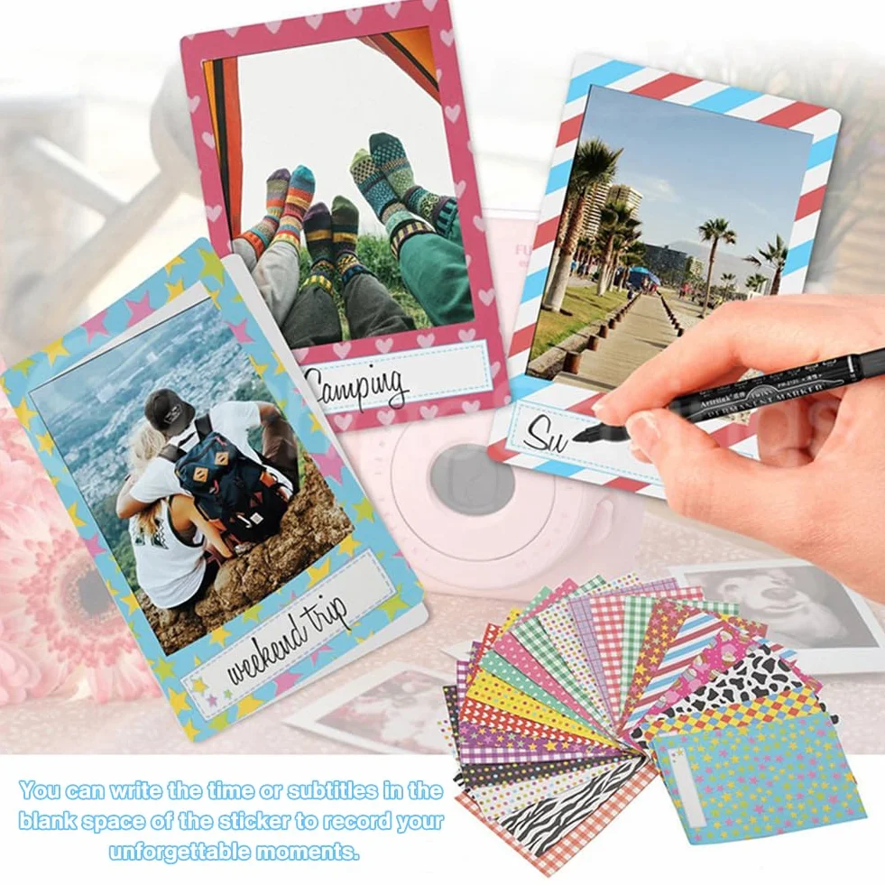 140 sztuk kolorowych naklejek foliowych Polaroid Mini ramki na zdjęcia naklejki Polaroid DIY papierowe ramki na zdjęcia naklejki do Fujifilm Instax Mini 9/8/7S/70/26/50S/90