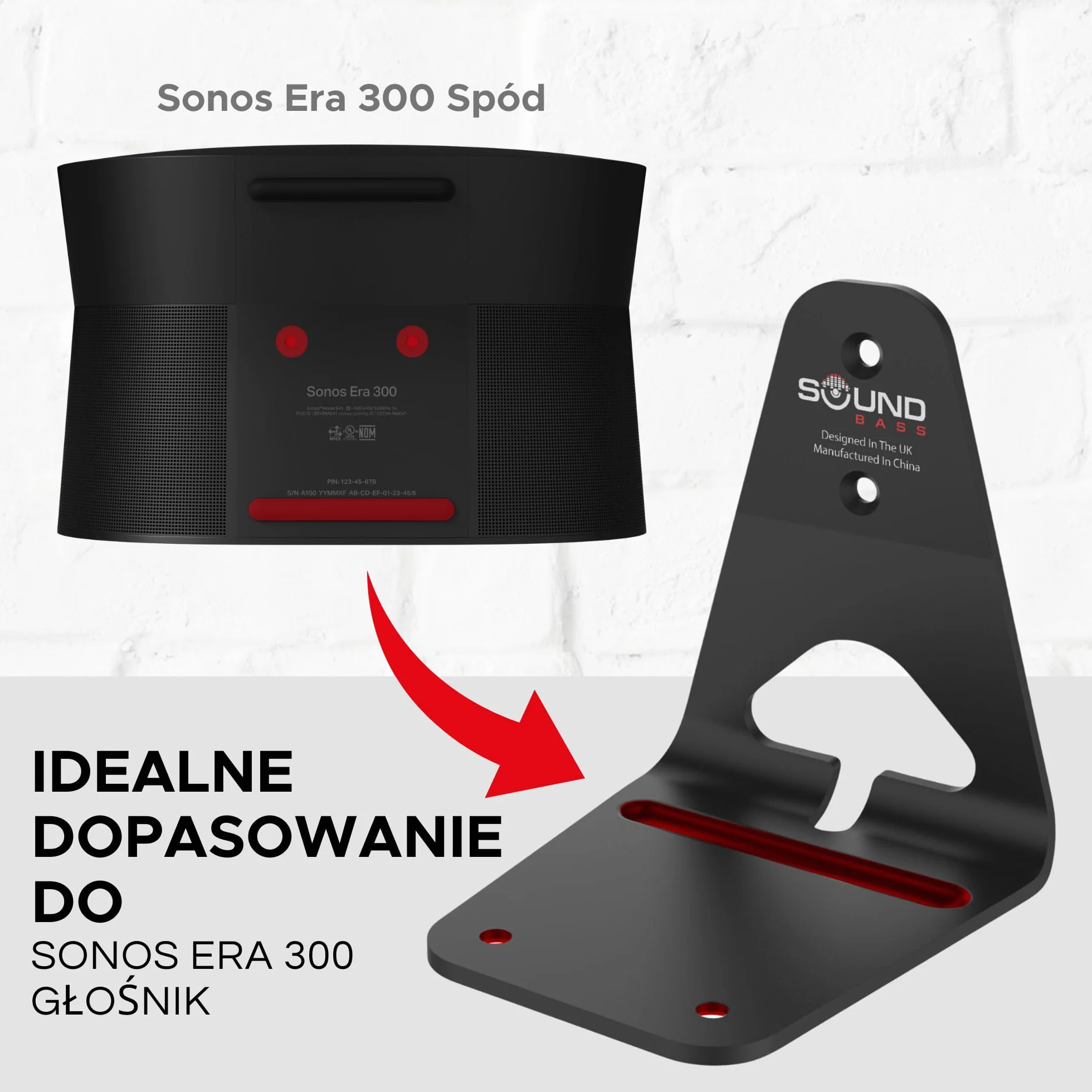 Sound Bass ERA300 Uchwyt Ścienny, Niski Profil, Czarny, Zestaw Podwójny, Kompatybilny z Głośnikiem Sonos ERA 300, Kompletny ze Wszystkimi Elementami Montażowymi