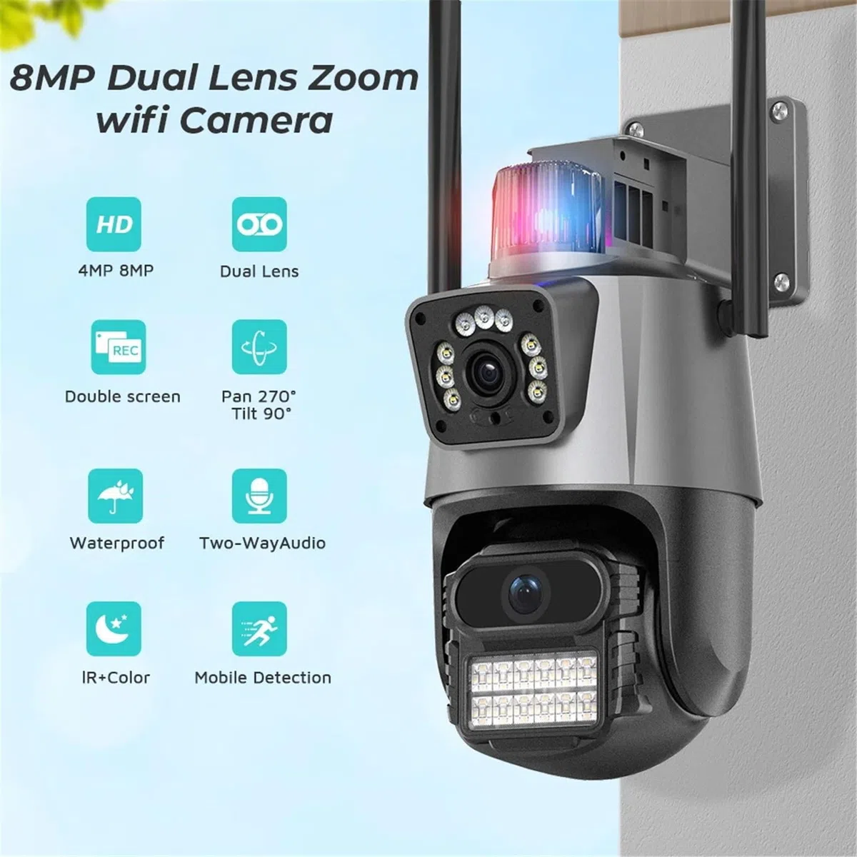 Kamera IP 6MP z podwójnym obiektywem i ekranem PTZ, kamera Wi-Fi, zewnętrzna, wodoodporna, do monitoringu wideo, policyjna lampa alarmowa,Spokój ducha zawsze(6MP Add 32G Card)