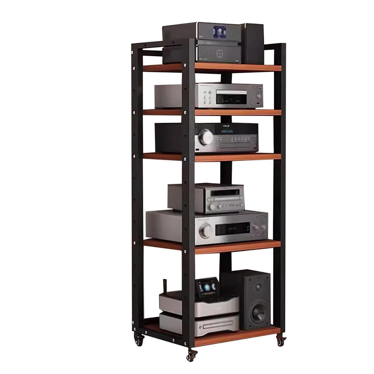 Szafka na sprzęt audio, 5-poziomowa szafka stojąca na komponenty stereo, stojak audio-wideo, jednostka multimedialna, półka gramofon, półki do przechowywania płyt, wysokie centrum rozrywki(Red)