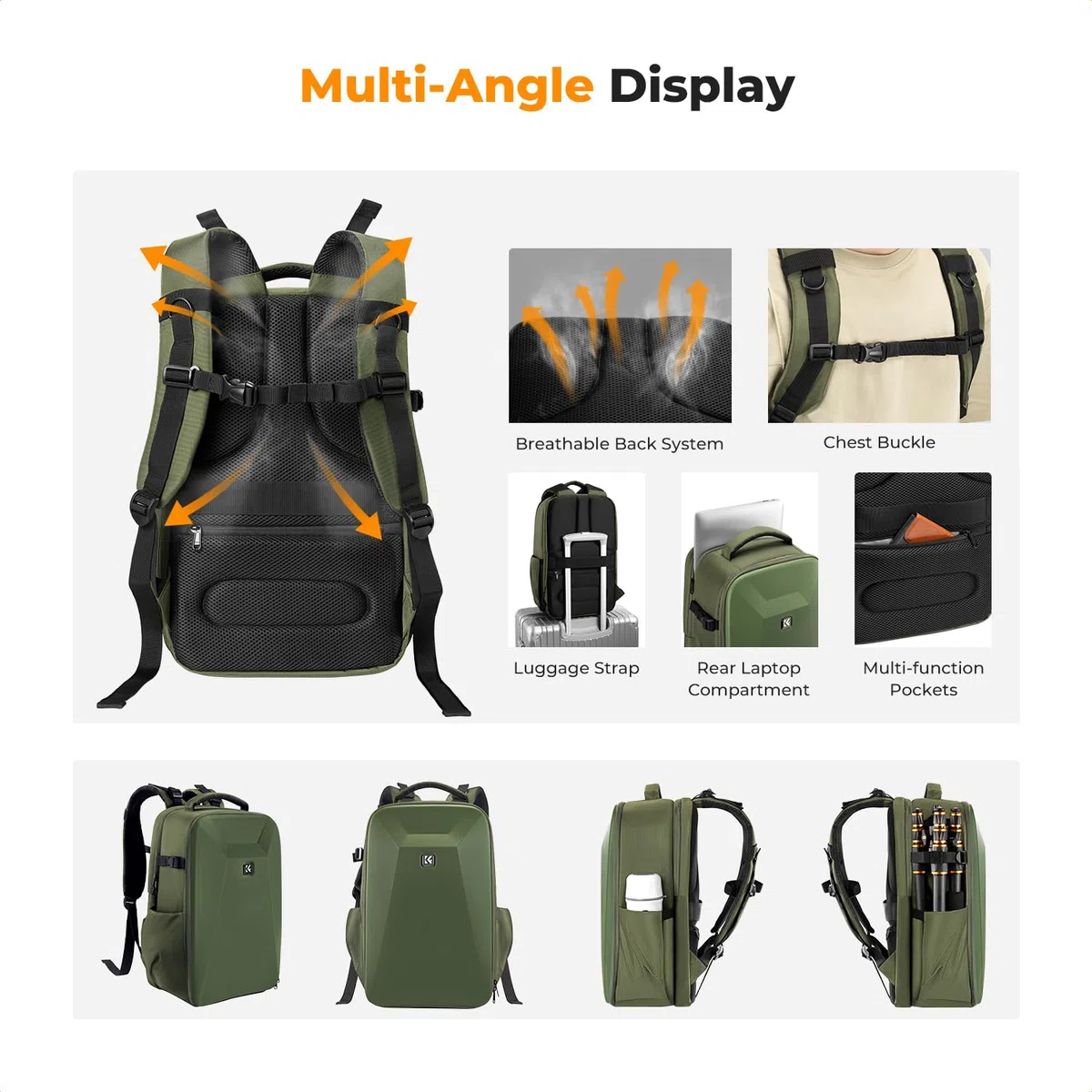 K&F CONCEPT Twarda torba na lustrzankę cyfrową z kieszenią na laptopa 15,6" i osłoną przeciwdeszczową, plecak na aparat kompatybilny z dronem Canon/Nikon/Sony/DJI Mavic