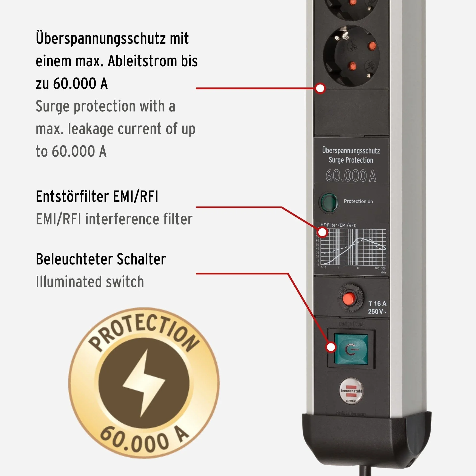 Brennenstuhl Premium Protect-Line listwa zasilająca z 4 gniazdami z ochroną przed przepięciem 60 000 A (gniazdko wielokrotne z przełącznikiem i kablem 3 m, Made in Germany), srebrna/czarna