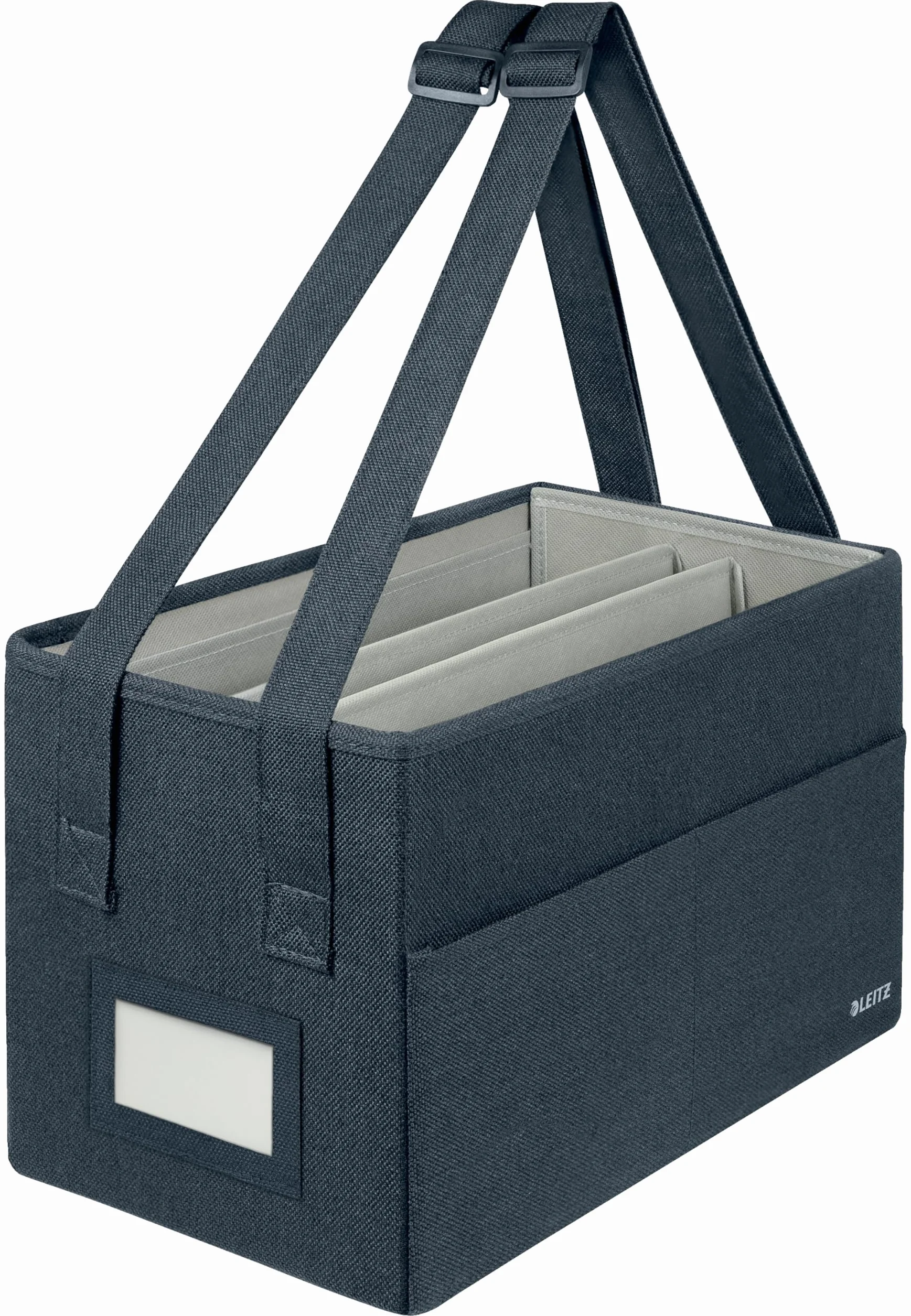 Kompaktowy, materiałowy organizer na biurko Leitz. Składana torba na laptopa, dokumenty czy inne akcesoria. Regulowane paski, 370 x 210 x 220 mm, Szary Aksamit, 65760089