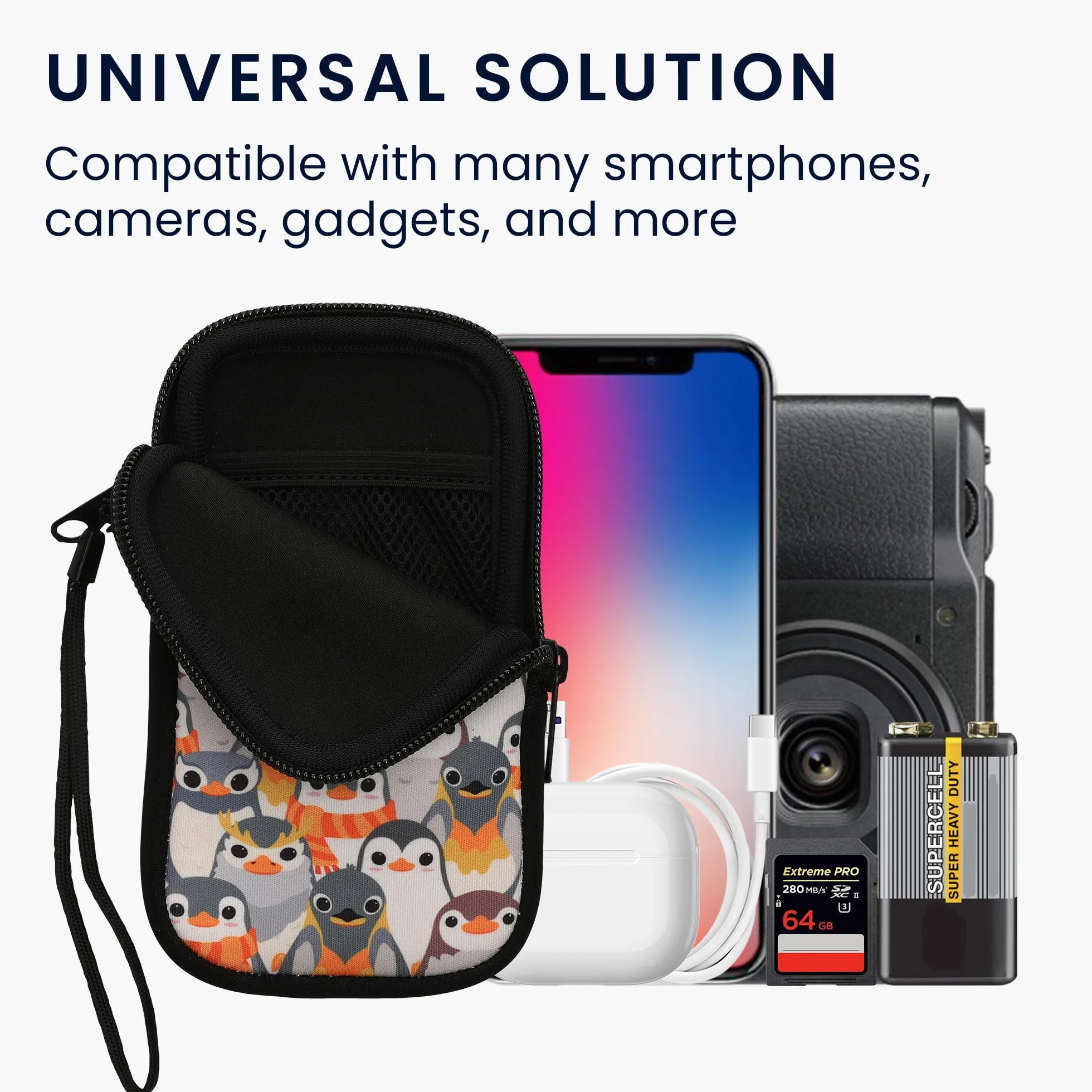 kwmobile Neoprenowy rękaw na smartfon rozmiar M - 14.0 cm - etui amortyzujące wstrząsy - ochronna torba na telefon - pingwiny szary/żółty/brązowy