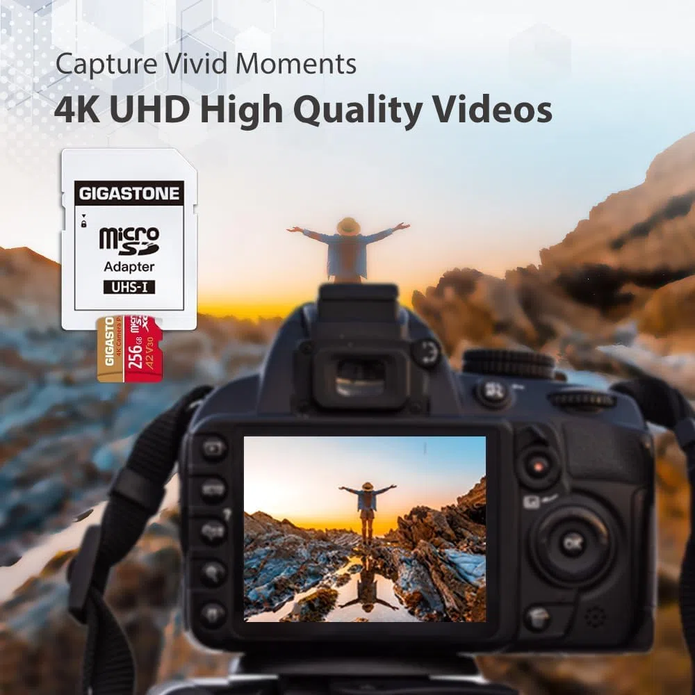 [5-letnie odzyskiwanie danych] Gigastone karta micro SD 256 GB, kamera 4K Pro, A2 V30 UHS-I U3, do 100 MB/s, do smartfona, GoPro, kamery akcji, wideo 4K UHD, Nintendo Switch, z adapterem i czytnikiem