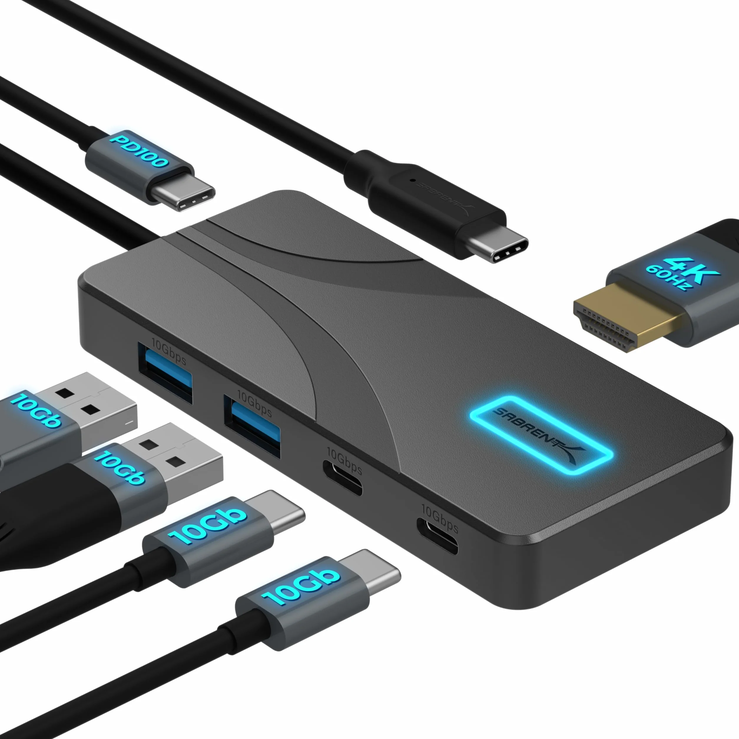 SABRENT 5-portowy hub USB typu C z portami USB 3.2 10 Gb/s, wyjście HDMI 4K, zasilanie 80 W, 2 x USB-A, 2 x USB-C, przenośna stacja dokująca do laptopów, tabletów, smartfonów, obsługa HDR/HDCP