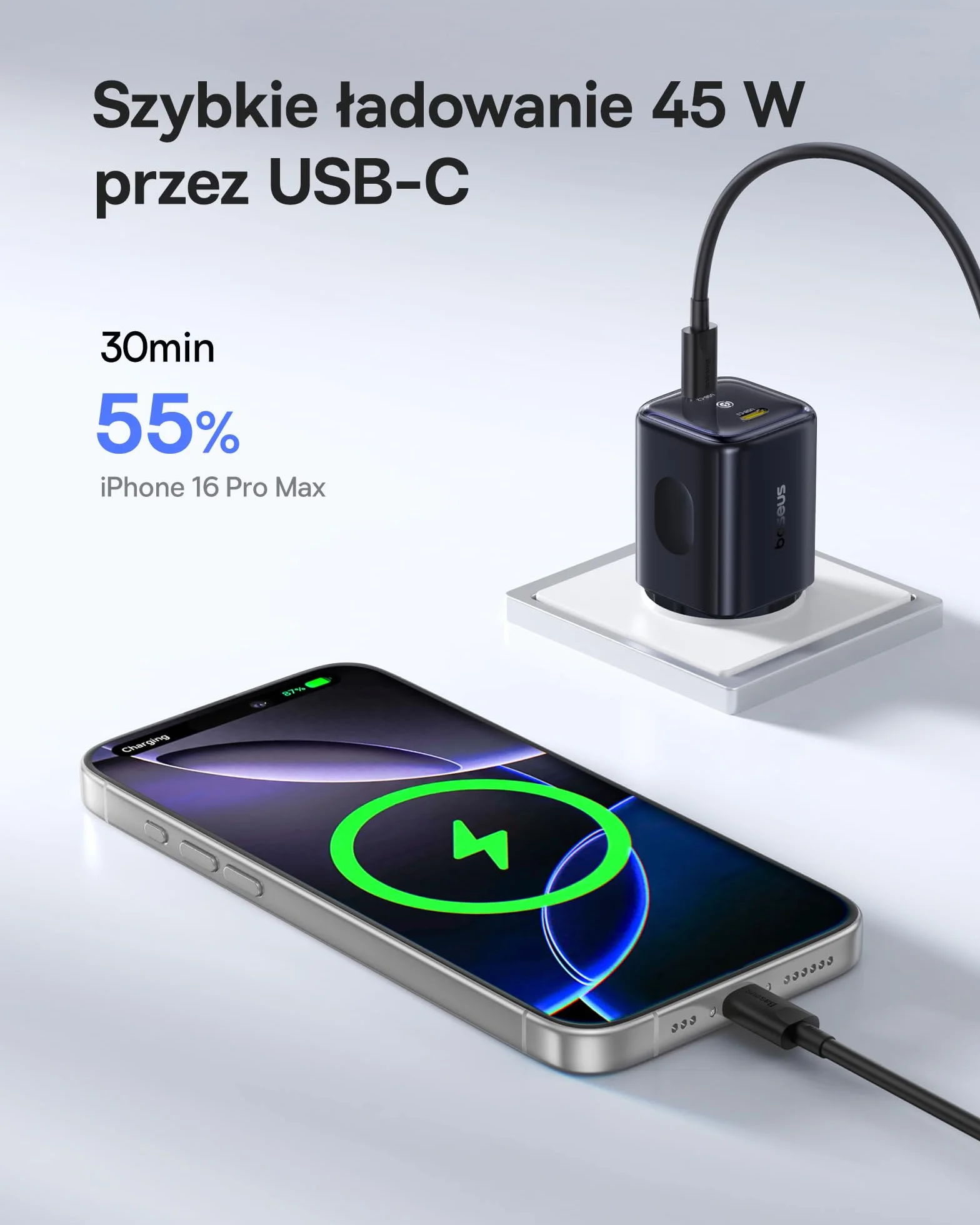 Baseus PicoGo II Ładowarka USB C 45W, 2 Porty USB C, Zasilacz PD 3.0 PPS, Szybka Ładowarka, Kompatybilna Z iPhone 17/17 Pro Max/16-12, Galaxy S25 Ultra, Pixel, iPad Pro/Air, Steam Deck