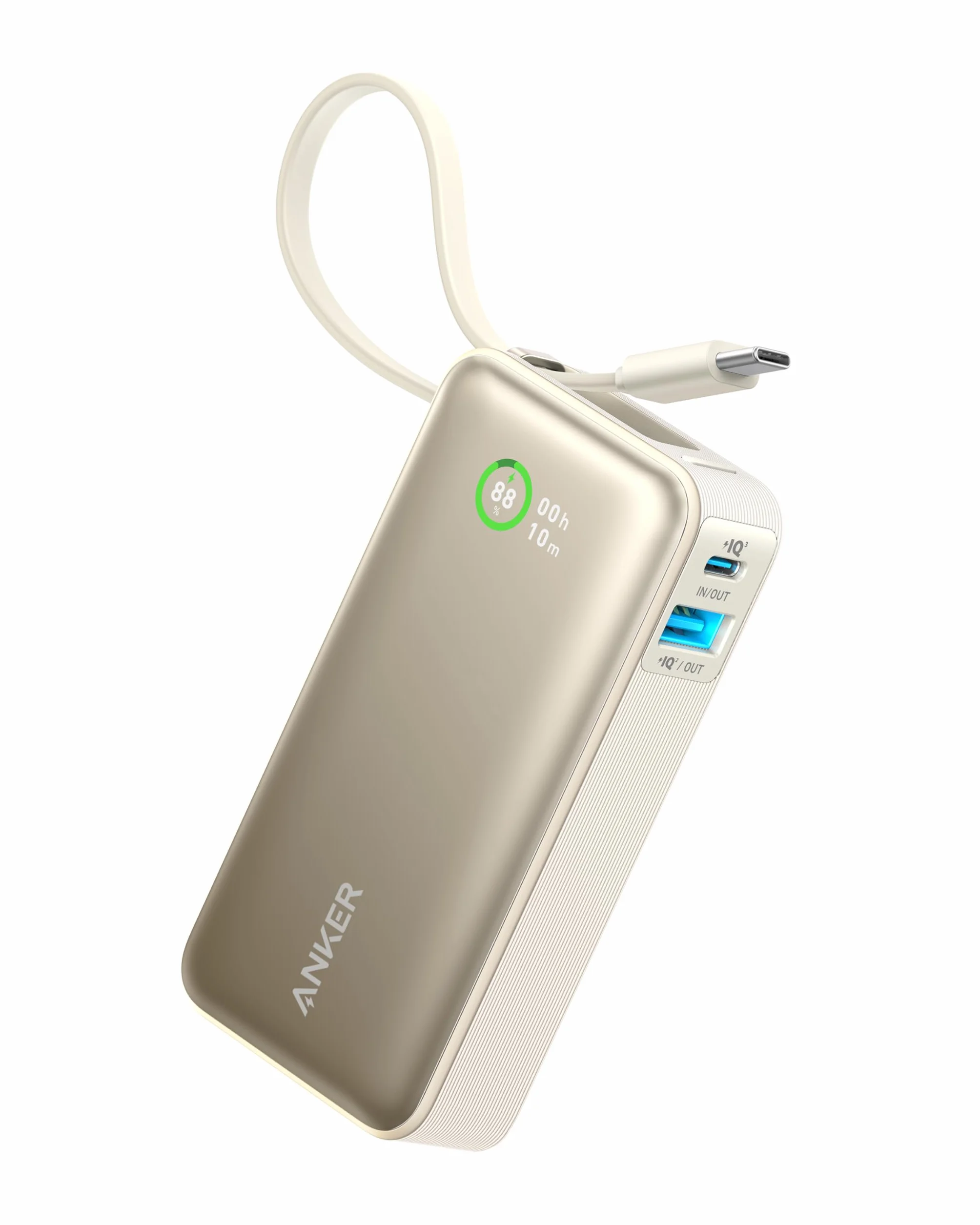 Anker Nano Powerbank, 10 000 mAh Powerbank z wbudowanym kablem USB-C, PD 30 W maksymalna moc z 1 x USB-C, 1 x USB-A, kompatybilny z iPhone 16/15/14, MacBook, Galaxy, iPad, AirPods i innymi