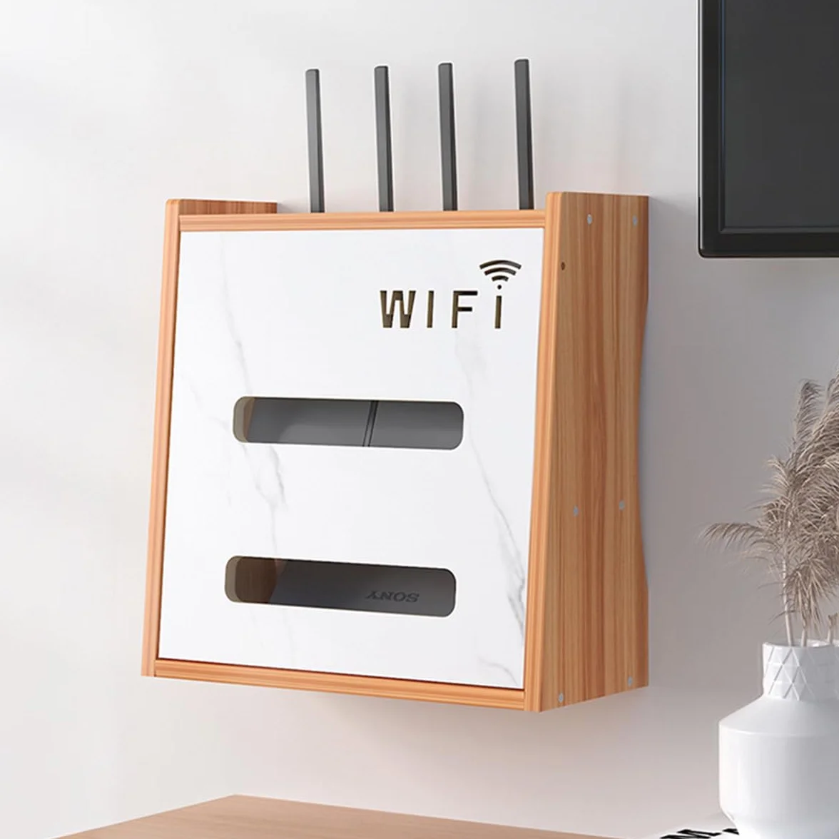 Modem, szafka modemowa, skrzynka na router, schowek na kable, 2 poziomy organizer ścienny do routerów i gniazd kasetowych (brązowy)