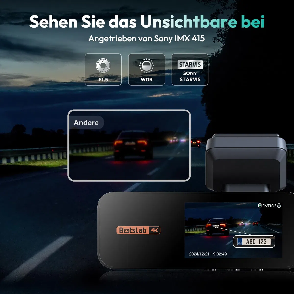 BOTSLAB 4K STARVIS kamera samochodowa z przodu, z tyłu, bezprzewodowa, WiFi, kamera samochodowa z GPS, ADAS, sterowanie głosem, bezpłatna karta 64 GB, widoczność w nocy, WDR, IPS, 2,45" IPS