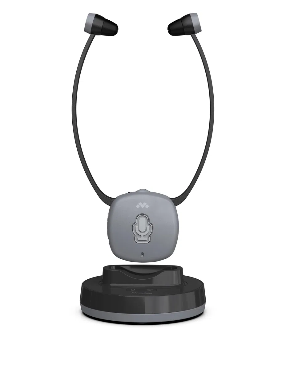 Meliconi Zestaw słuchawkowy do telewizora Easy Audio, cyfrowy model Steto z wejściem optycznym, mikrofonem otoczenia, regulacją głośności, podstawą ładowania, zasięg 20 m, zrównoważony dźwięk do