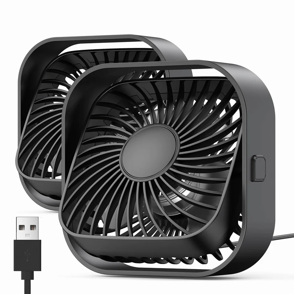 TOPK Wentylator biurkowy USB, [2 Sztuki] Silny przepływ powietrza i cicha praca, 3-biegowy wiatr, obracany o 360°, do domowego biura i biurka [Bez baterii,Zasilany przez USB]