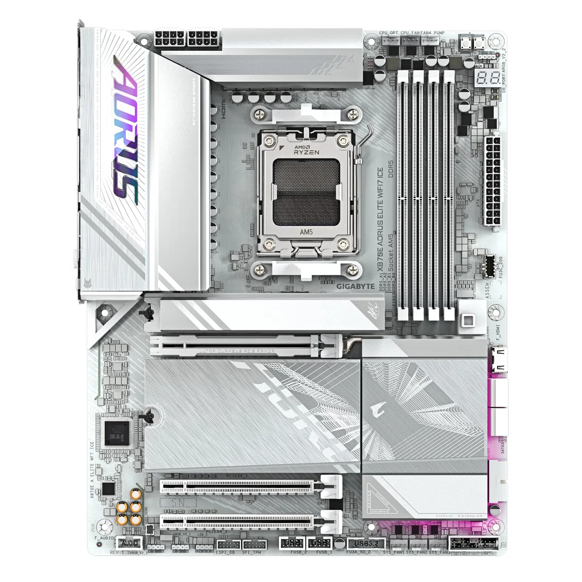 GIGABYTE Płyta główna X870E AORUS ELITE WIFI7 ICE - obsługuje procesory AMD Ryzen 9000, 16+2+2 fazy cyfrowe VRM, do 8200 Hz DDR5 (OC), 3xPCIe 5.0 + 1 x PCIe 4.0, Wi-Fi 7, 2.5 GbE LAN, USB 4