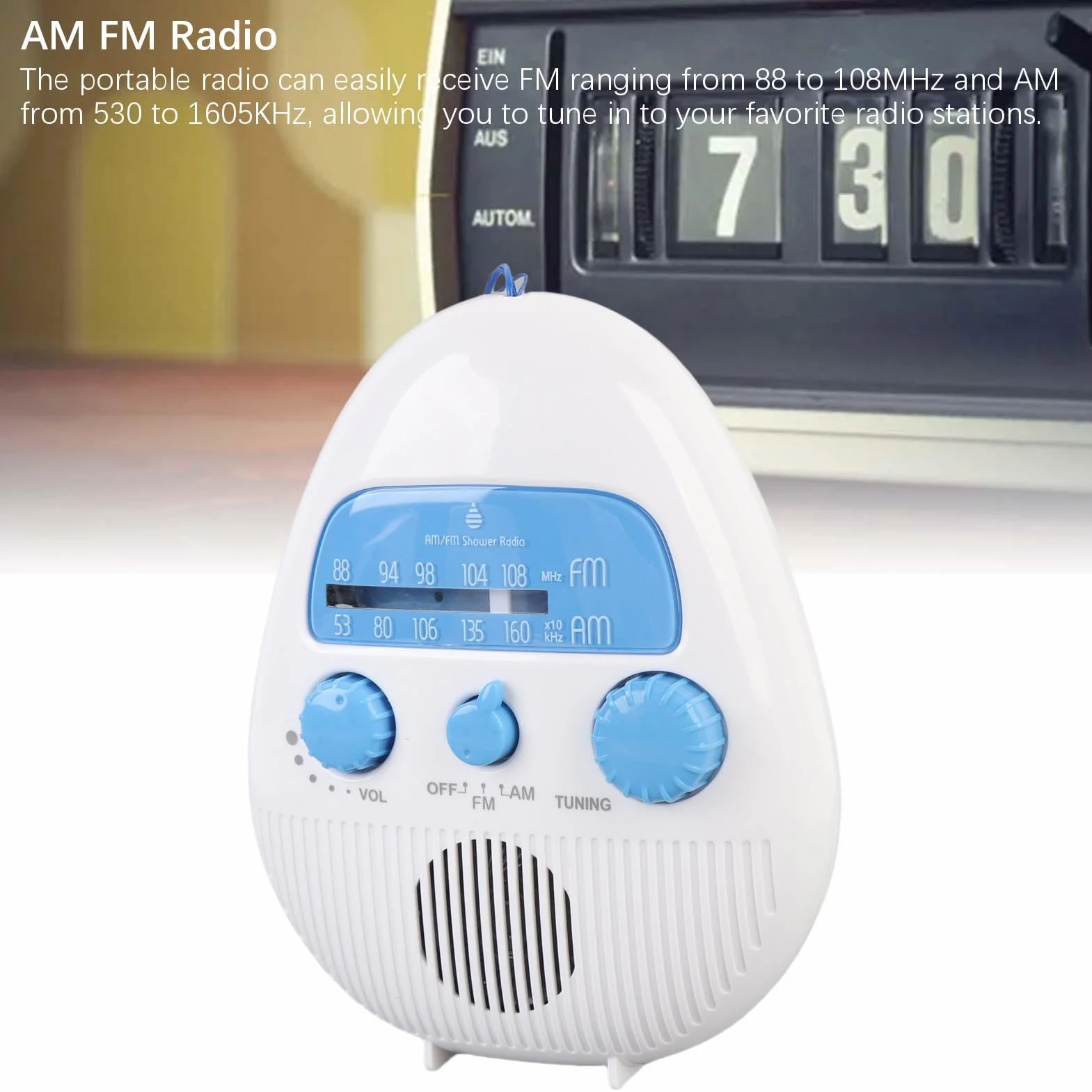 AM FM Shower Radio Wbudowany Głośnik, Wodoodporne Wiszące Radio łazienkowe z Obrotowym Pokrętłem dla łatwej Kontroli Objętości Tuningu, Mini Przenośne Radio z Akumulatorem