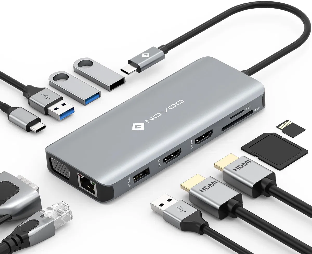 NOVOO USB C Hub z 2 portami HDMI, 11 in 1 portami stacji dokującej typu C do laptopa, RJ45 Gigabit Ethernet, 2 USB 3.0, 2 USB 2.0, VGA, Type C 100W PD, kartami SD/TF Kompatybilny z MacBook Pro/Air