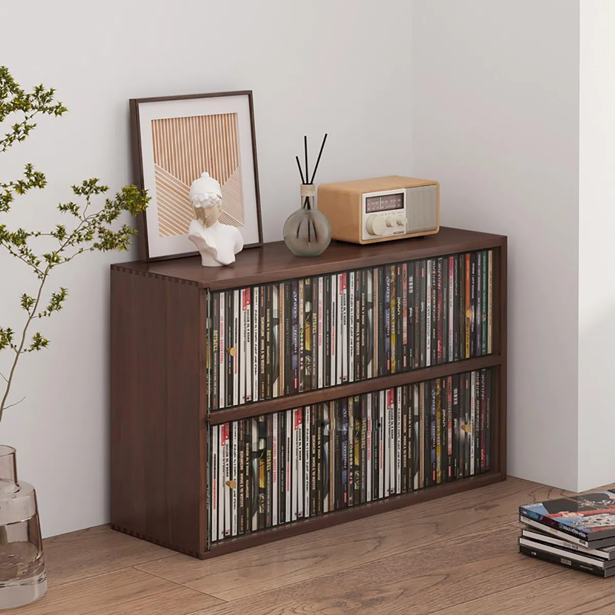 FfiMe Stojak na płyty winylowe, drewniany stojak na płyty CD, stojak na płyty winylowe, stojak na płyty DVD, uchwyt na okładkę albumu, organizer na płyty winylowe (ciemnobrązowy)