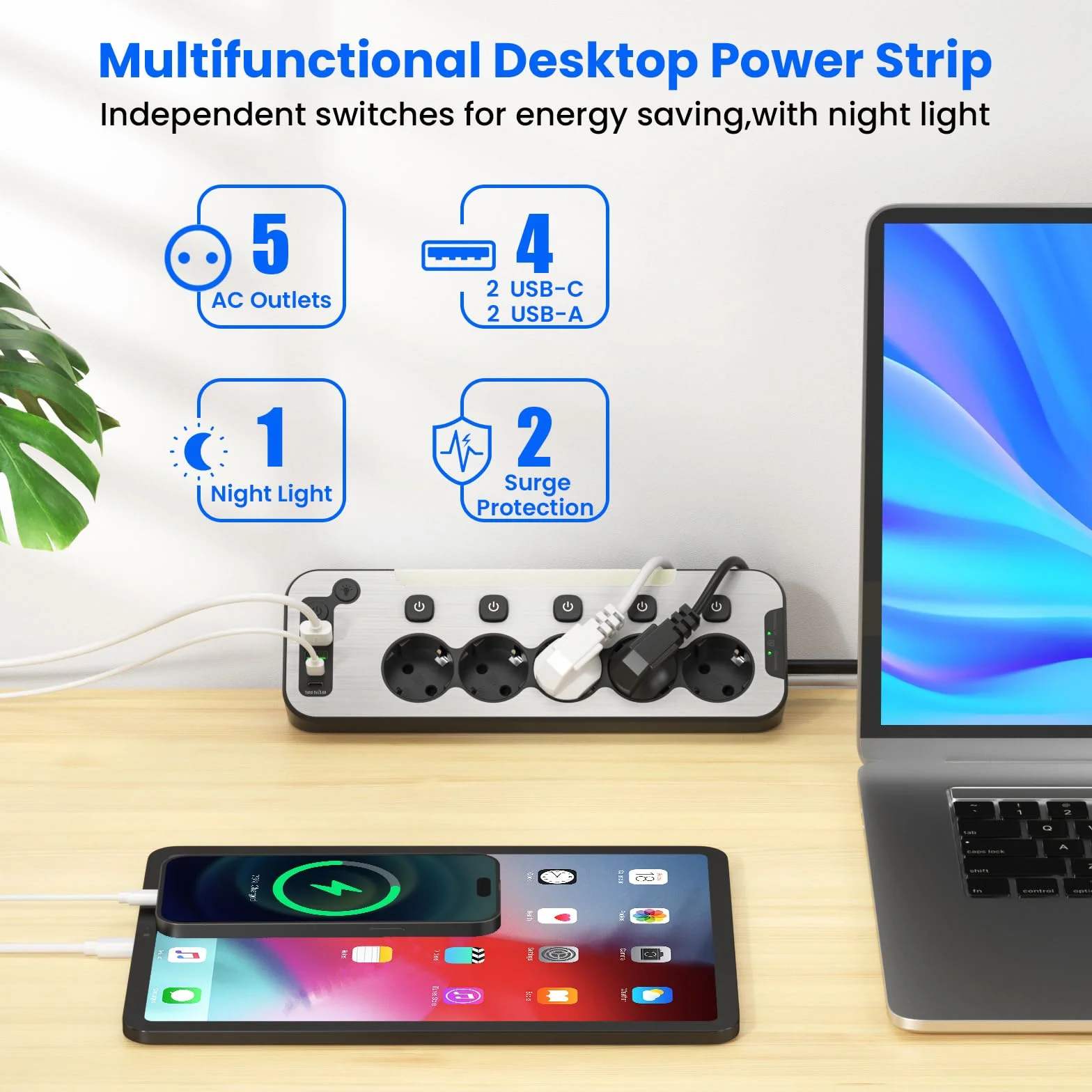 Metalowa Listwa Zasilająca 5 Gniazd USB 2M Przeciwprzepięciowa Czarna