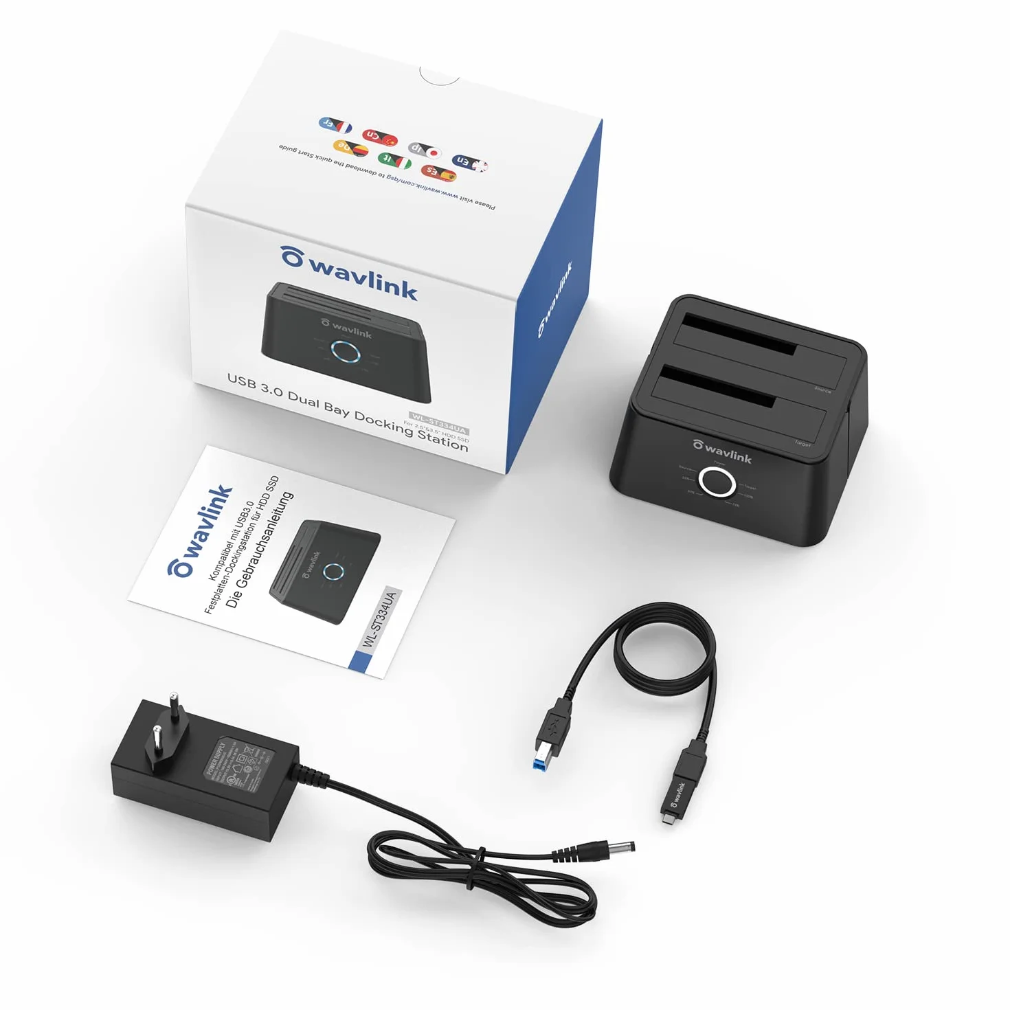 WAVLINK Dual Bay SATA do USB 3.0 / USB C zewnętrzne dyski twarde stacja dokująca do 2,5 lub 3,5-calowego dysku twardego, funkcja kopiowania/klonowania dysków twardych - czarna