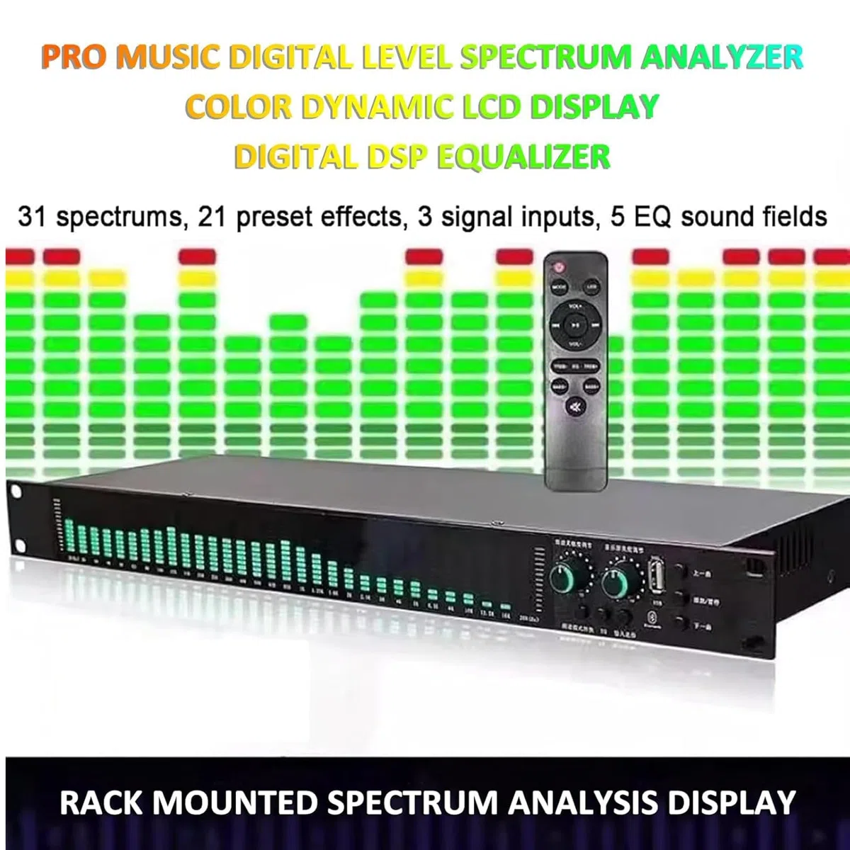 31-Pasmowy Equalizer Cyfrowy z 21 Efektami i Wyświetlaczem LED | Stereofoniczny Korektor Graficzny Audio, Regulacja Niskich Tonów Średnich, Automatyczna Redukcja Szumów, Dla Studia Nagrań