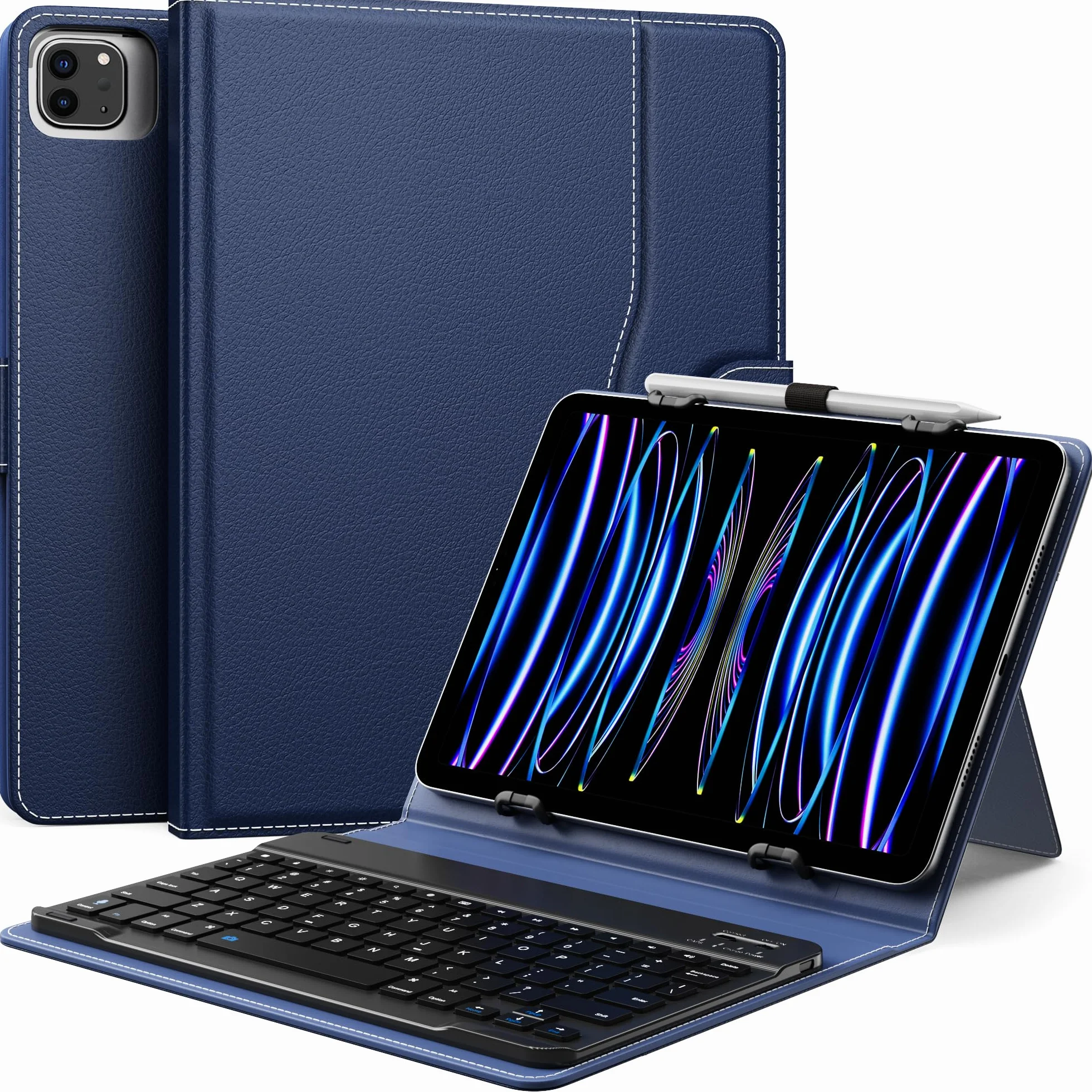 MoKo Universal Tablet Case with QWERTY Bluetooth Keyboard for 9-11 Tablets, Pen Holder, Dark Blue