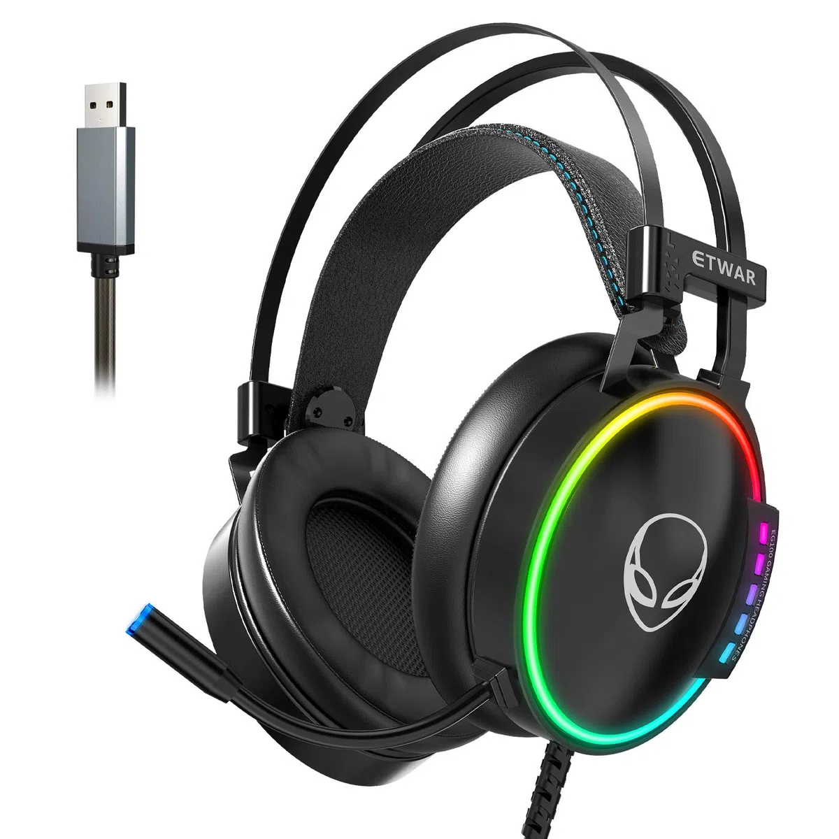 ETWAR PS4 zestaw słuchawkowy do gier USB do PC - 7.1 dźwięk przestrzenny słuchawki z mikrofonem - RGB zestaw słuchawkowy kompatybilny z PS4, PC, laptop-Over Ear gamingowy zestaw słuchawkowy - mocny basowy dźwięk gamingowy zestaw słuchawkowy