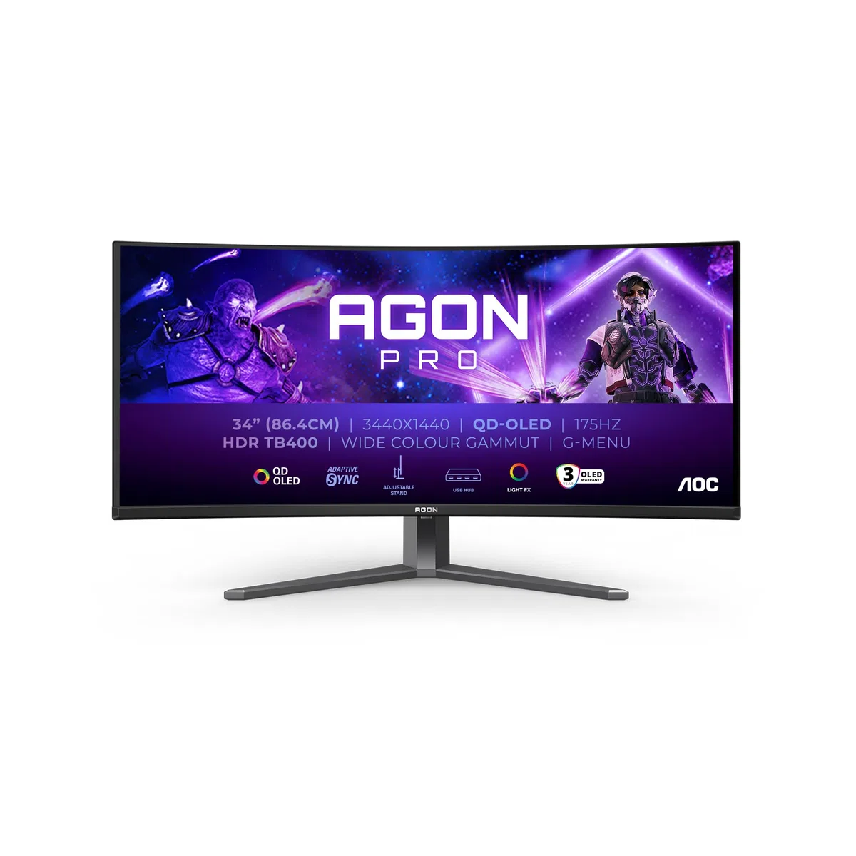 AOC Zakrzywiony monitor, AG346UCDAM 34 Cal 175 Hz QD-OLED Płytka, 0.03ms GtG, HDR400 TrueBlack, FreeSync Premium, G-Sync Kompatybilny, głośniki, USB Hub(3440x1440 HDMI 2X 2.0 DP 1x 1.4) Czarny