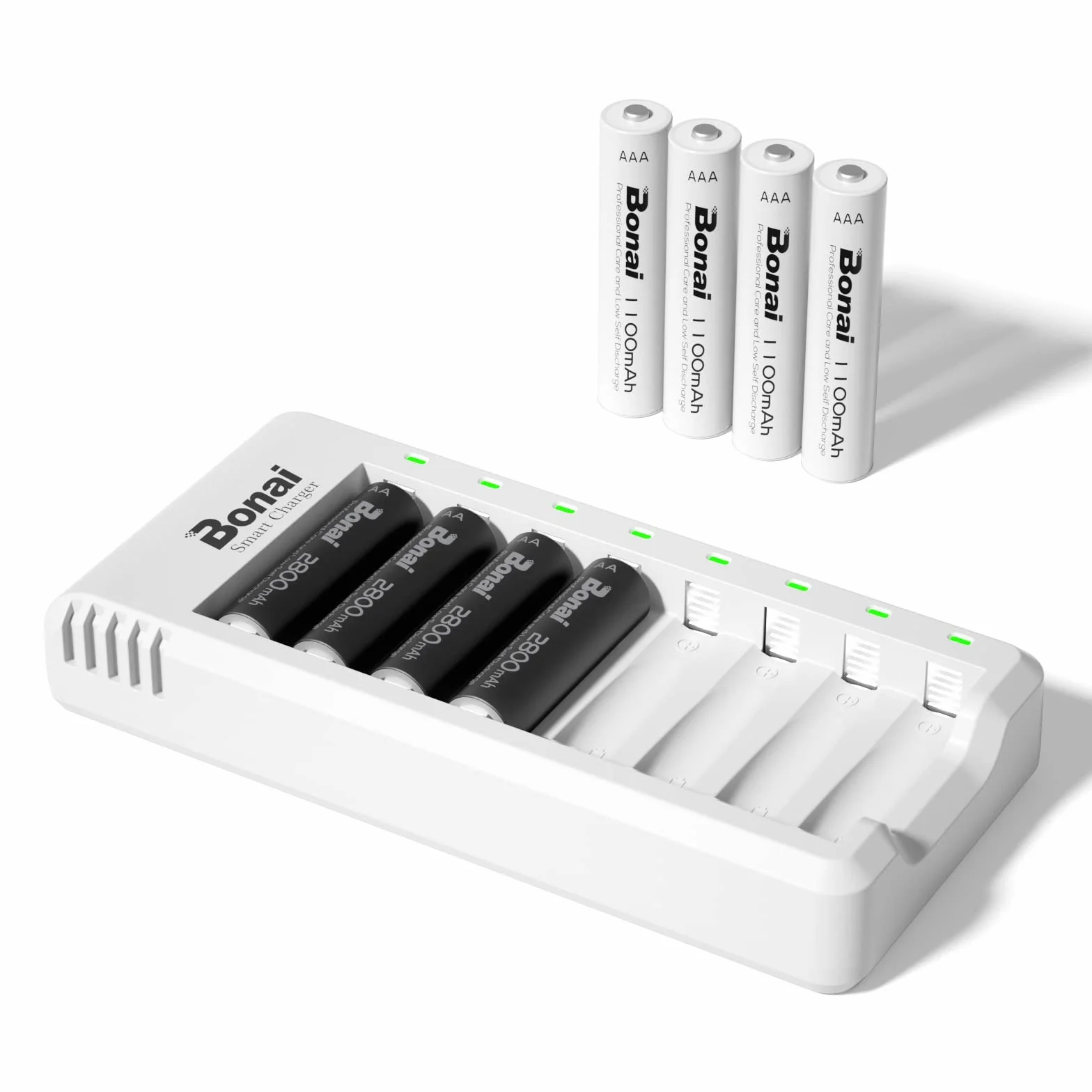 BONAI Ładowarka do akumulatorów 8 gniazd AAA AA Micro USB 2800 mAh 1100 mAh