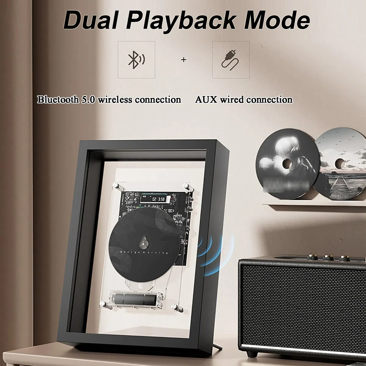 Dekoracyjny odtwarzacz CD z muzyczną ramką na zdjęcia, pilot zdalnego sterowania, wyjście AUX Bluetooth 5.0/3,5 mm, 2 możliwości ustawienia – idealny do domu, biura i galerii